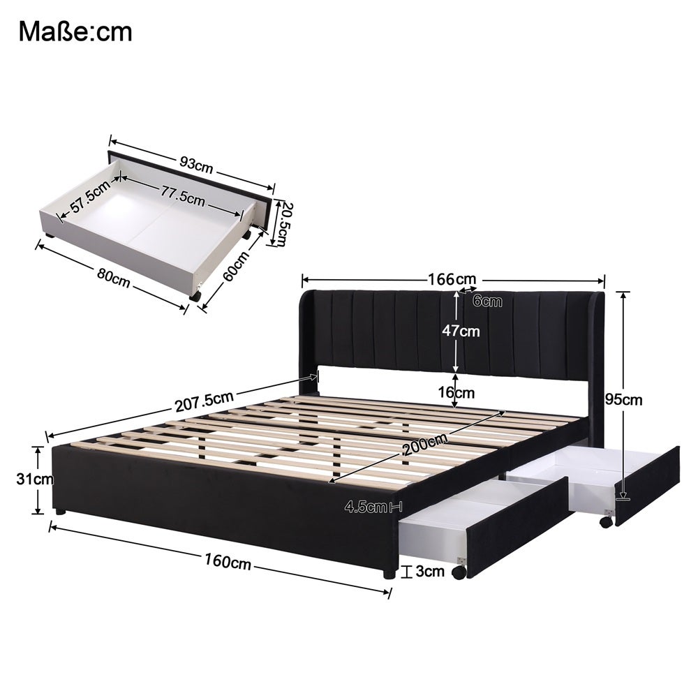 Lit avec tiroirs Lit Tapissé Lit adulte 160 x 200 cm Velours Avec Sommier Dossier 2 Tiroirs Noir - 4