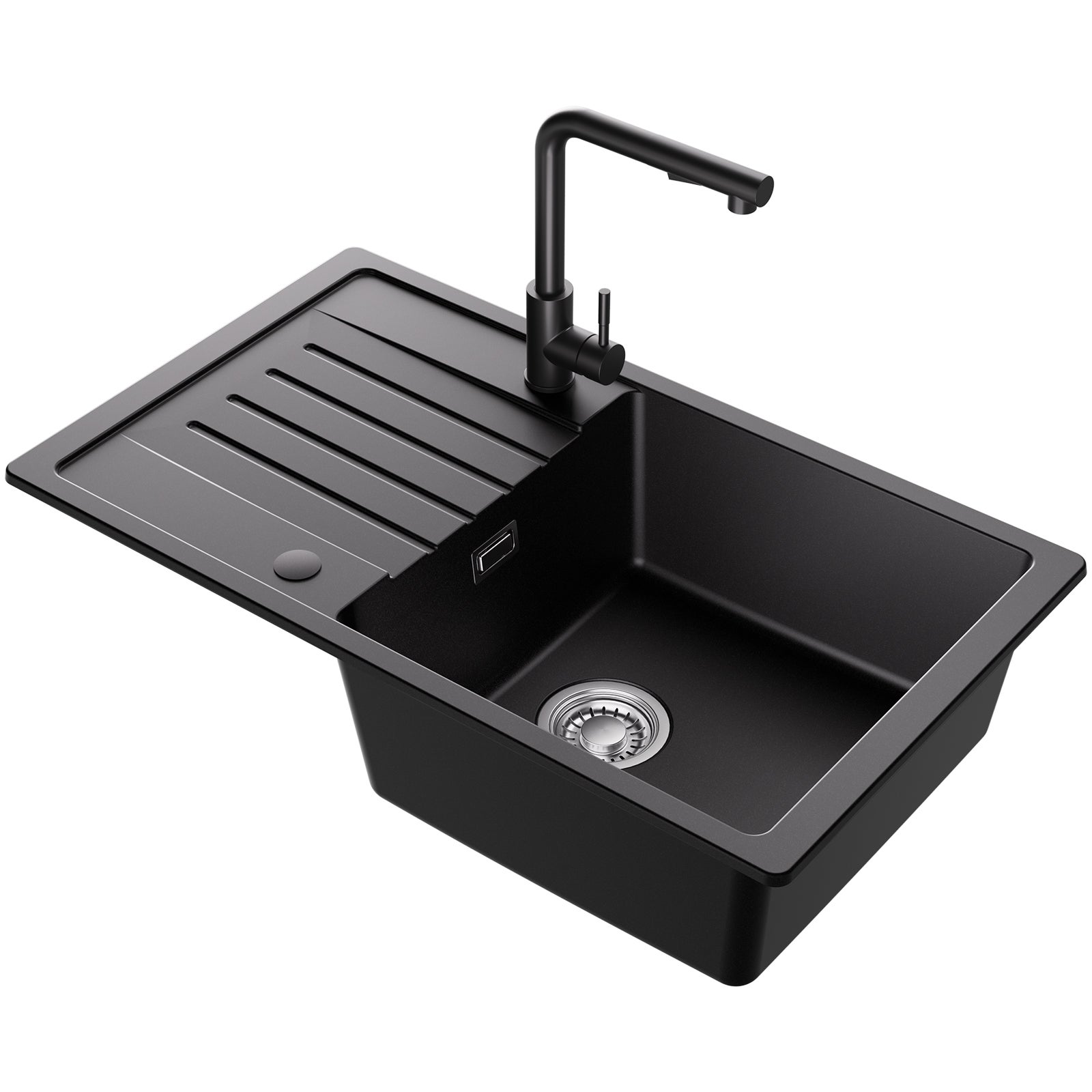 Lavello da cucina 60x45 cm in quarzo e resina, lavello a vasca singola nero, lavello a incasso - 9
