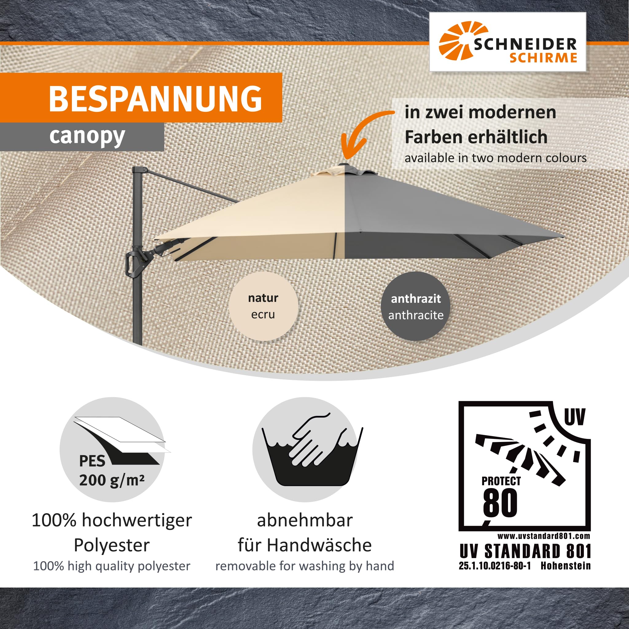 Parasol déporté Schneider Vivasol anthracite, 300 x 300 cm – rotatif 360°, inclinable, avec housse et support pour dalles - 5