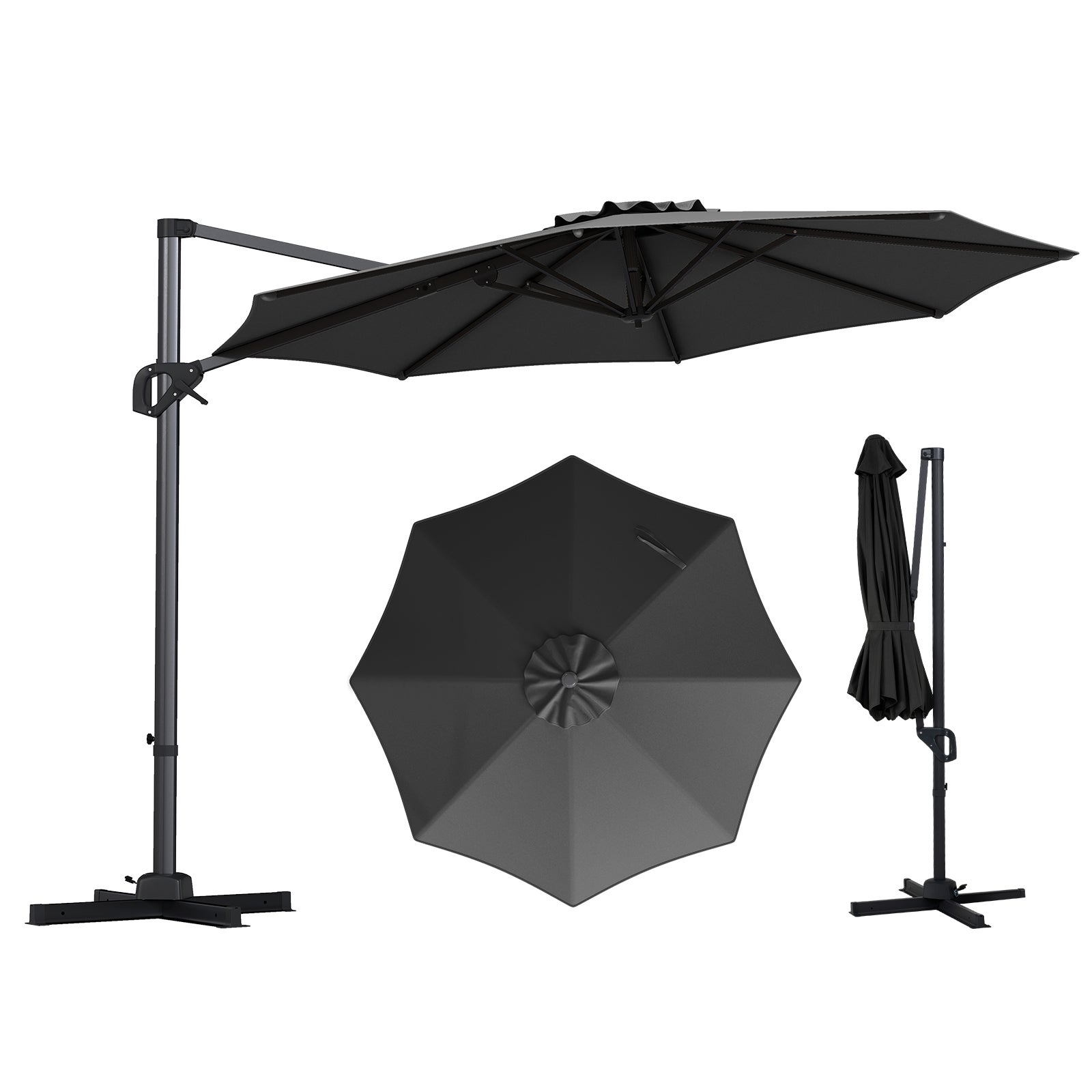 Umbrelă de soare Deporte 3x3 m, umbrelă de grădină pentru exterior cu 8 nervuri și manivelă, reglabilă în 6 poziții și rotativă la 360°, negru