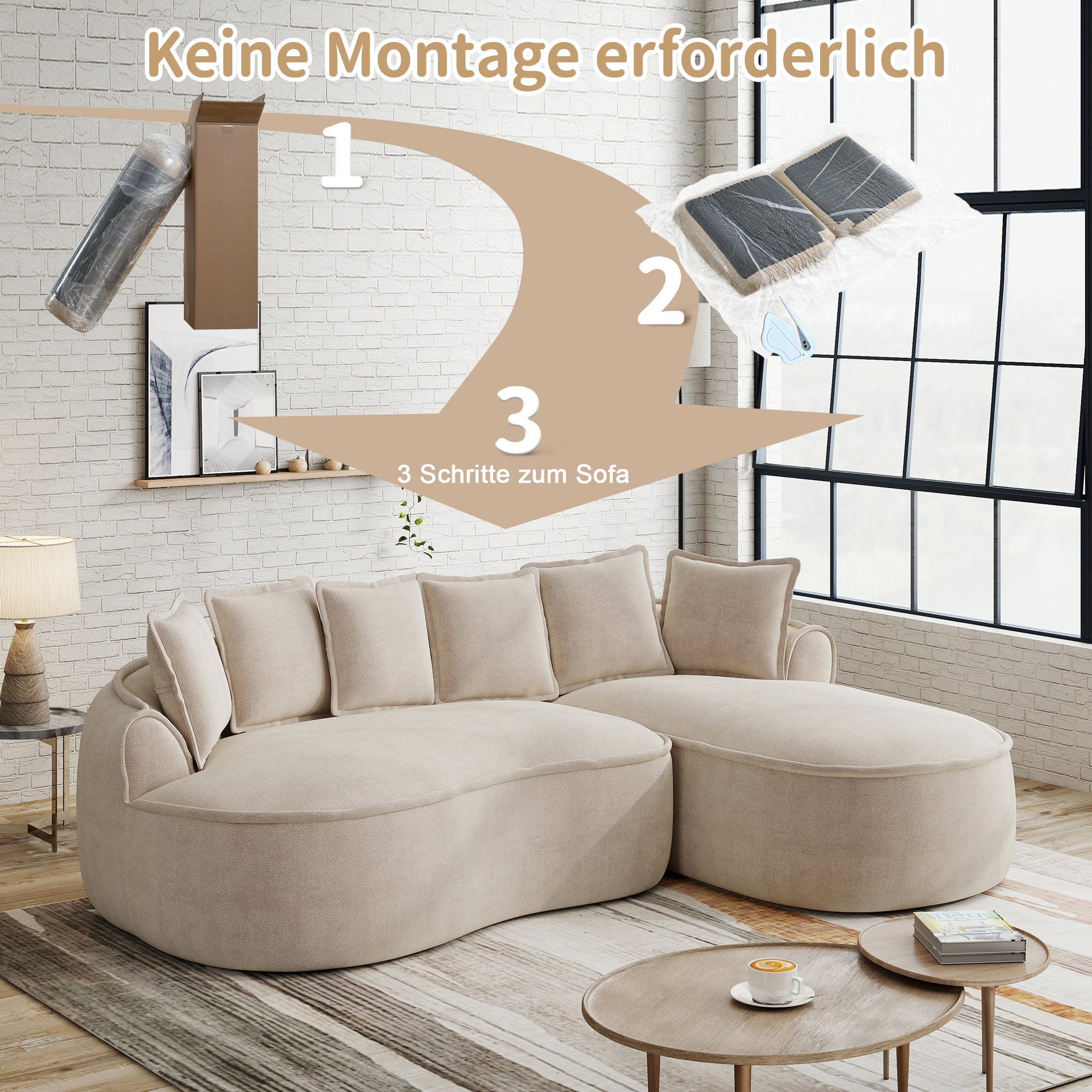 Canapé Modulaire d’Angle avec Méridienne Profonde et Accoudoirs Larges - Sans Cadre, Chenille Marron Clair - 2