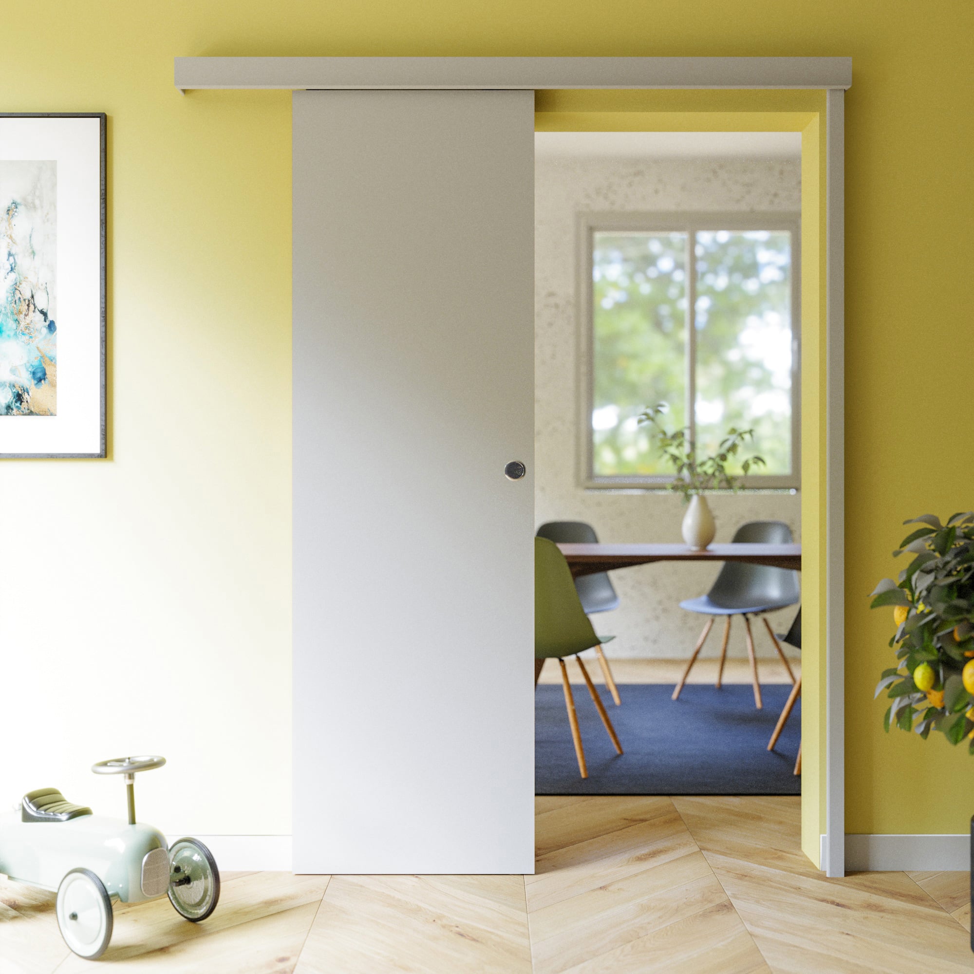Porte Coulissante avec Rail - Prépeinte Plane 63 cm - Avec butée - 3