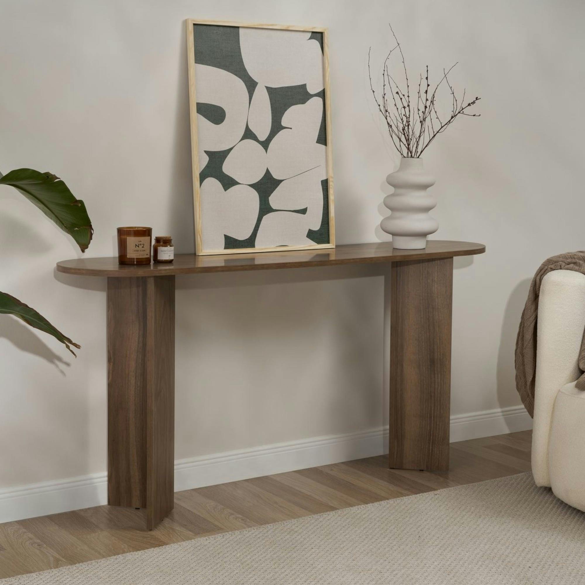 Console de salon ovale effet noyer foncé - pieds en V MARFA - 4