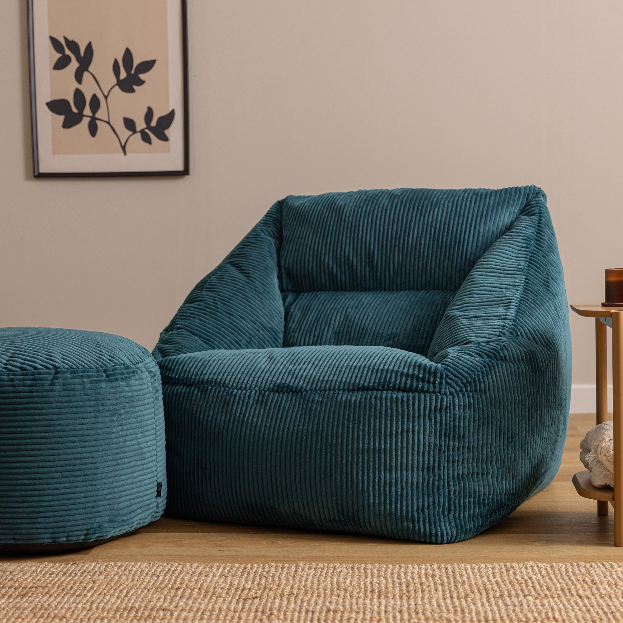 Pouf fauteuil avec repose-pied rond Icon velours côtelé bleu canard 97x84cm Oeko-Tex® - 2