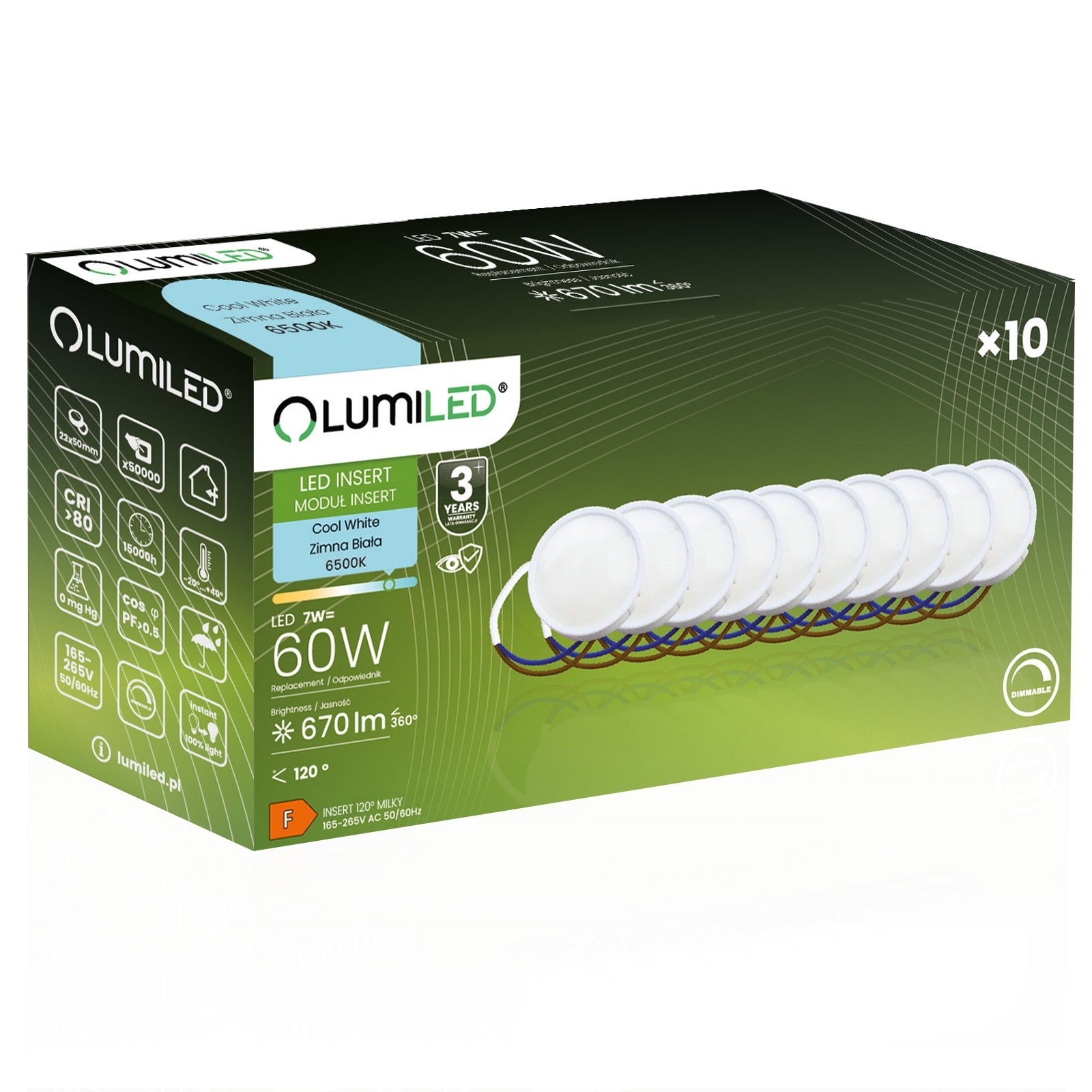 10x Wkład do Opraw LED Żarówka Lumiled Moduł Insert Reflektor 7W = 60W 670lm 6500K Zimna 120st Ściemnialna