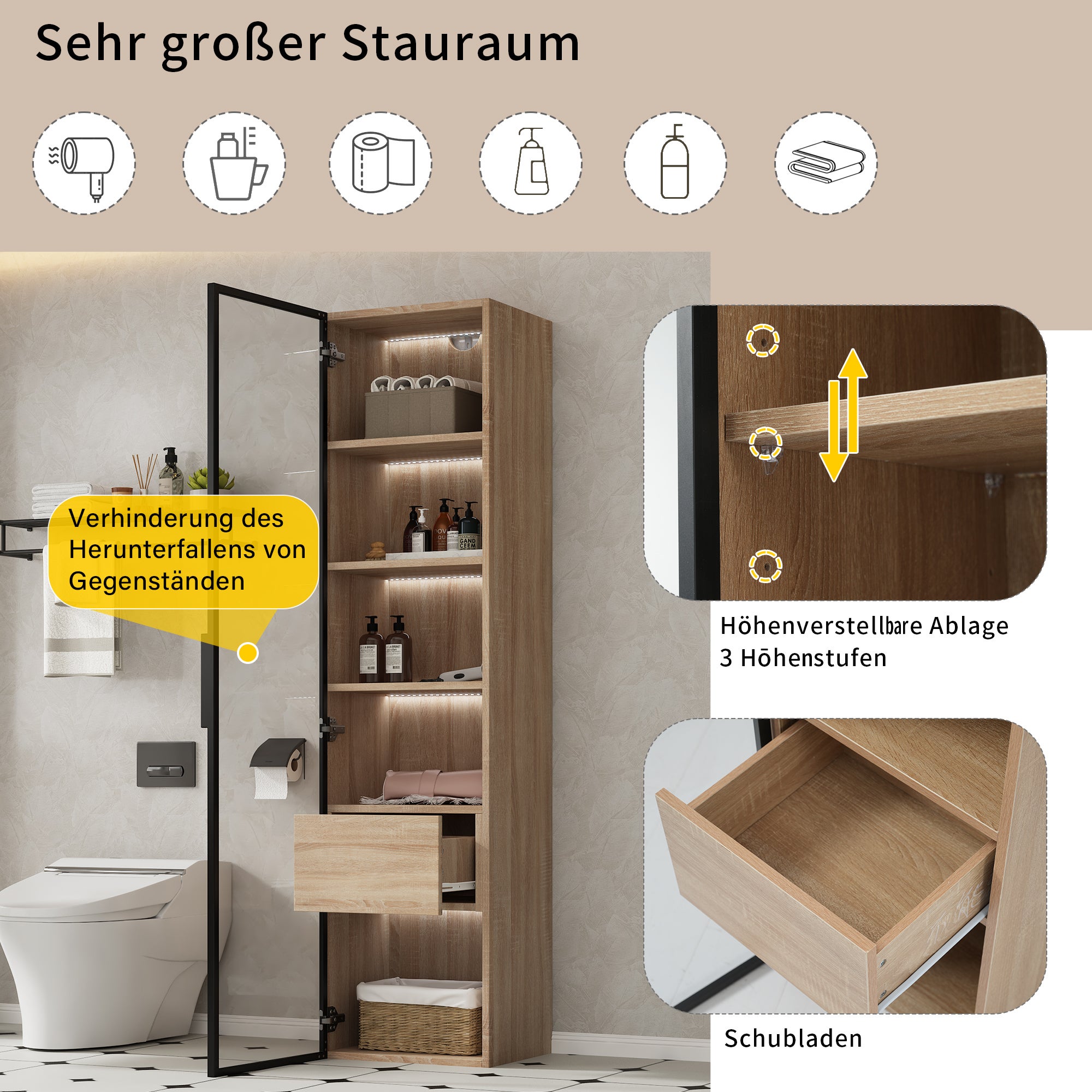 Vetrina, credenza alta con 1 anta in vetro e 1 cassetto interno - 40 X 34,5 X 165 cm - Legno MDF - Naturale - 9
