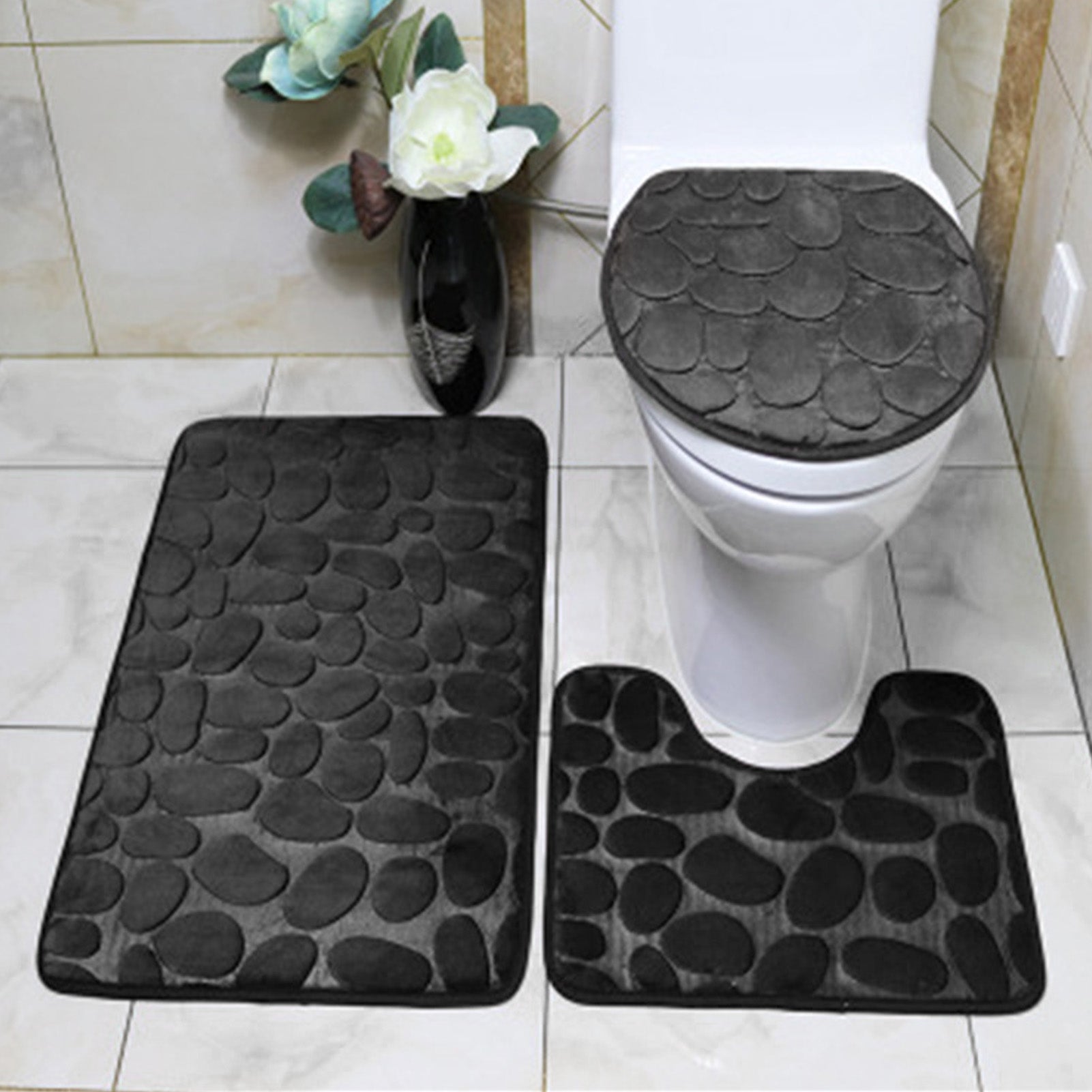 Ensemble 3 Pièces Tapis De Salle De Bain Antidérapant - Motif Lignes Noires - 45x75cm, 45x39cm, 42x38cm