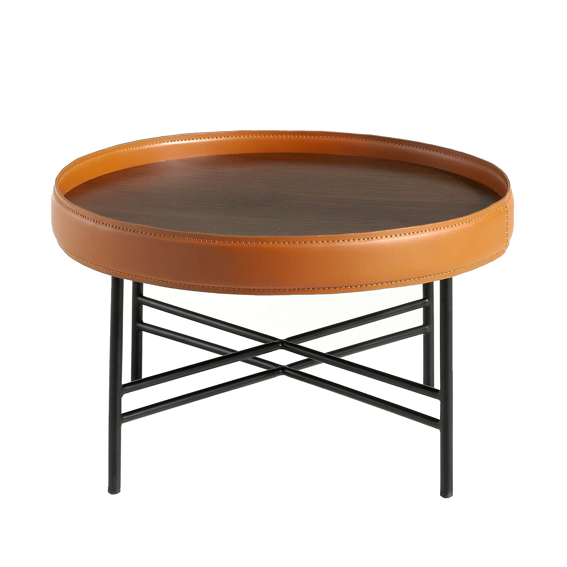 Table basse ronde en simili cuir, noyer et acier noir Ø62 x 35 - 2