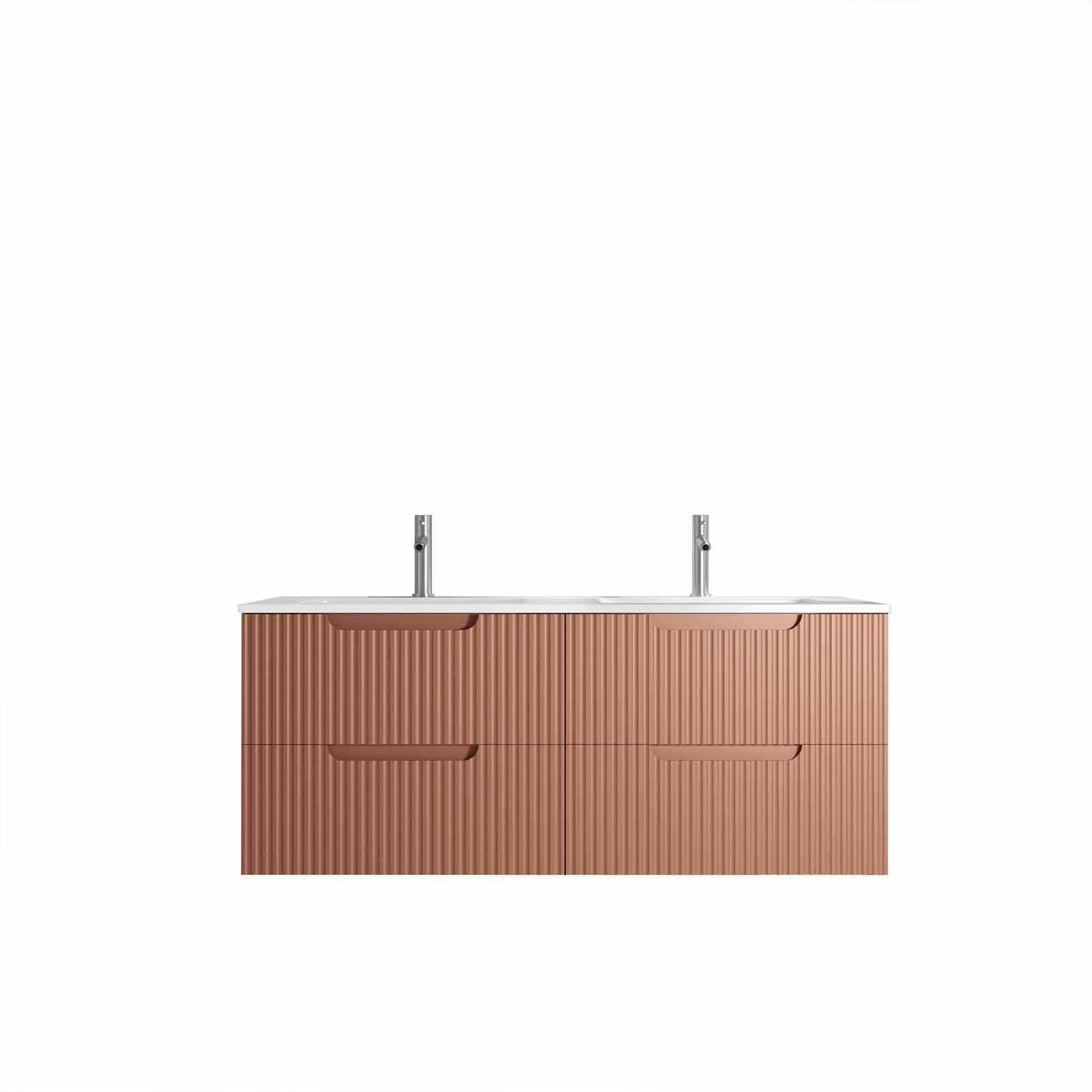 Meuble de Salle de Bains LEON 120cm Terracotta - 4 Tiroirs en MDF Ondulés - Vasque à encastrer - 3