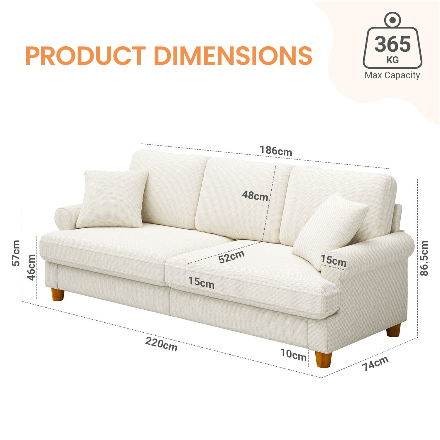 Grand Canapé 3 Places en Chenille Beige avec accoudoirs,coussins et oreillers,Canapé Scandinave pour le salon,220×74×86cm - 3