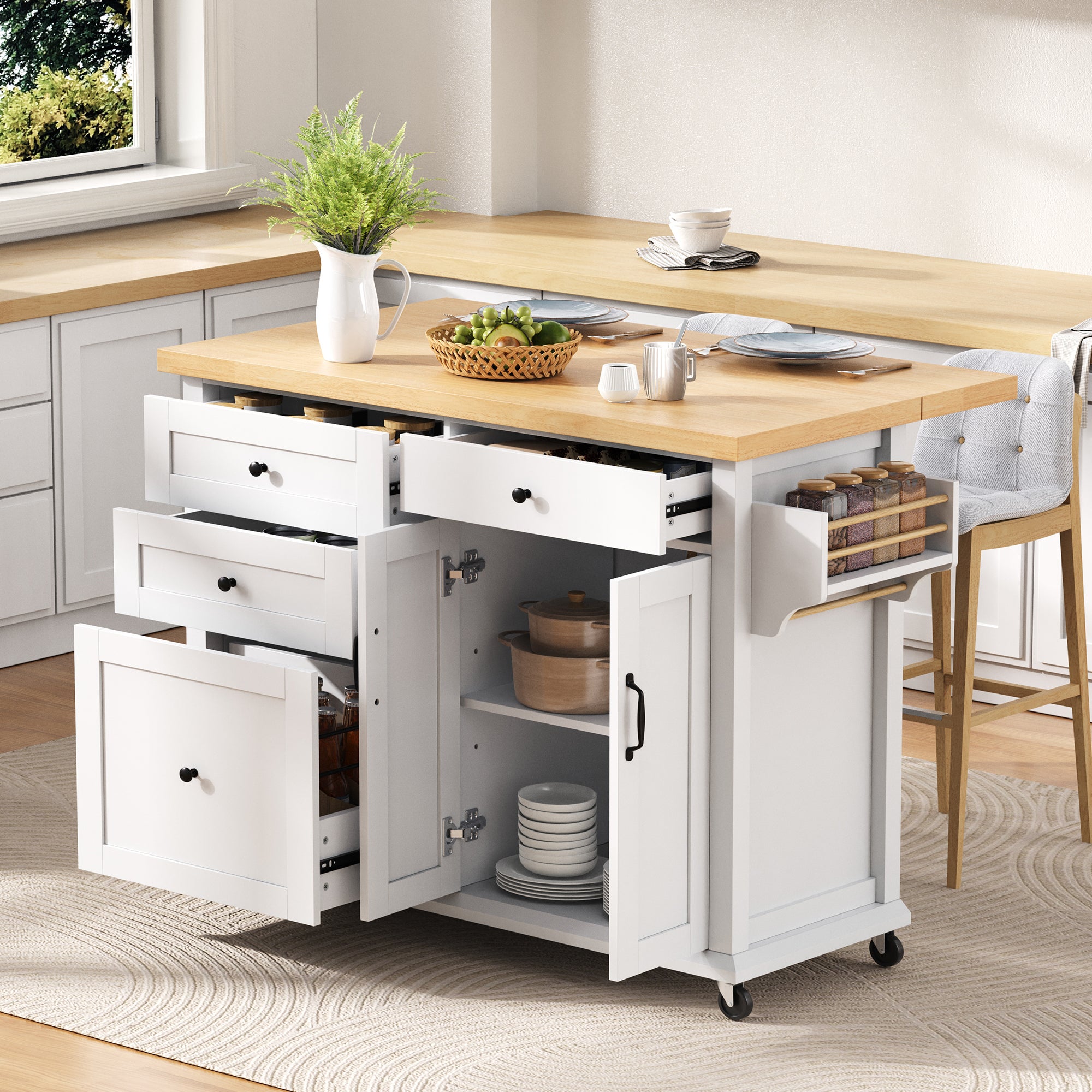 Mobilna wyspa kuchenna z 3 szufladami i 3 drzwiami - 107 x 45/70 x 90 cm - MDF - Rozkładany blat - Biały + naturalny - 2