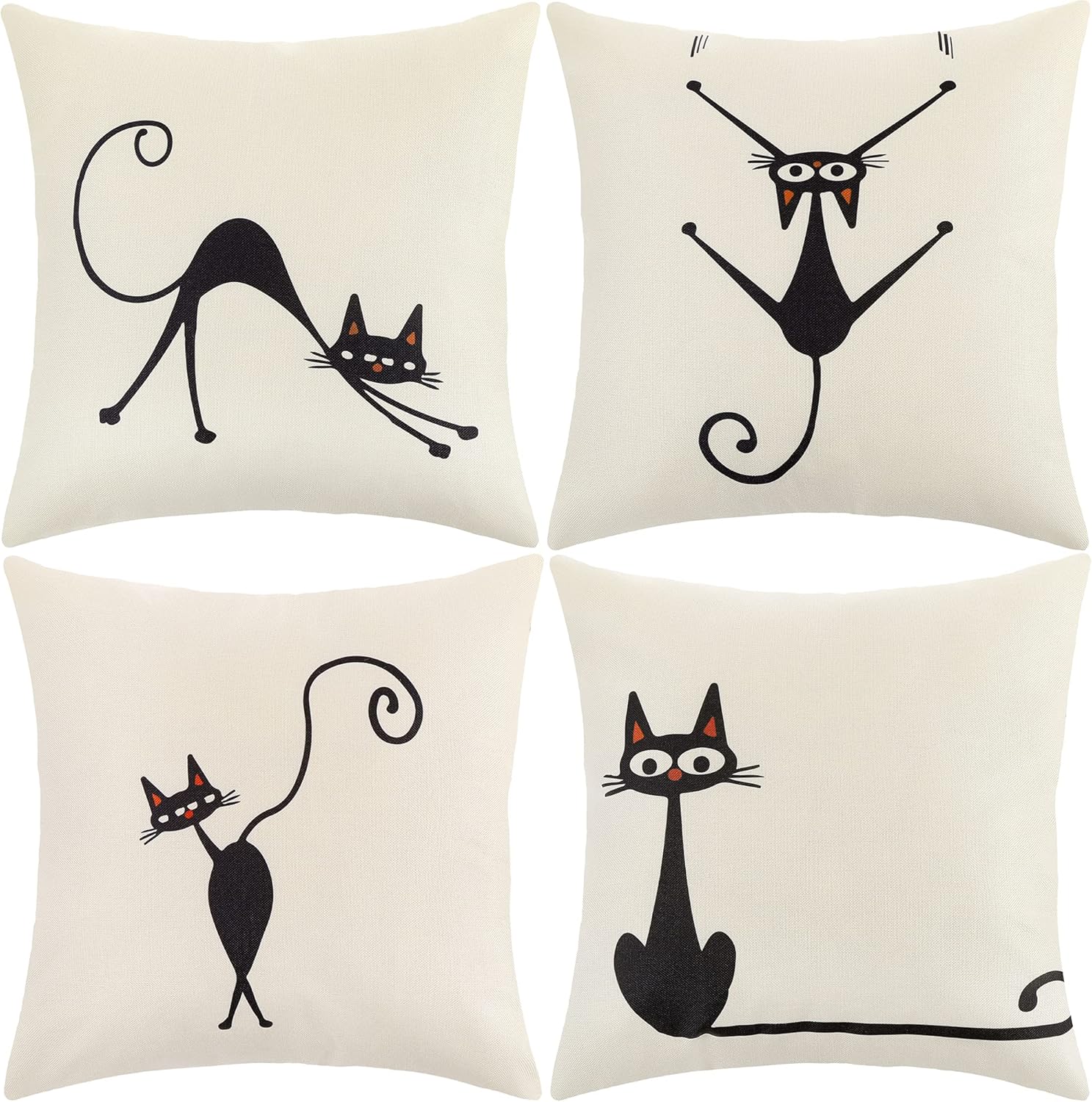 Lot De 4 Housses De Coussin Motif Chat Noir, Taies D'oreiller