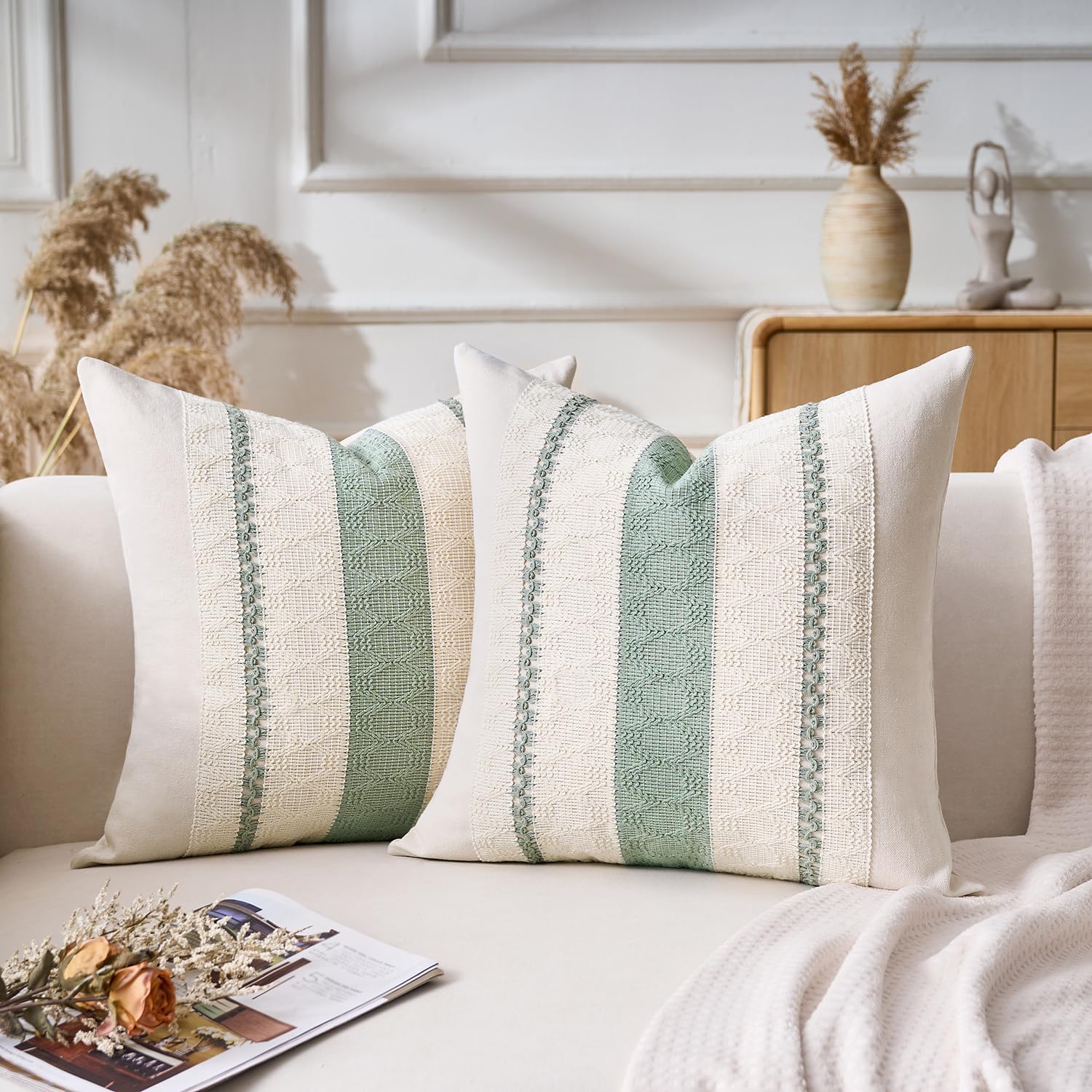 Housse Coussin 40x40 Vert Sauge Bohème Texturée à Rayures Tissées Décoratives Moderne Boho Housse de pour Maison Salon Chambre Décoration Lot de 2 - 6