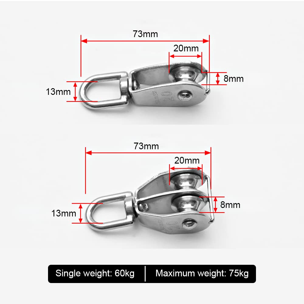 Poulie de Levage, 2 Pièces M20 Poulie pour Cable en Acier Inoxydable, Poulie Simple Double Poulie Rouleau, Bloc de Poulie Charge de 75kg/165lbs - 2