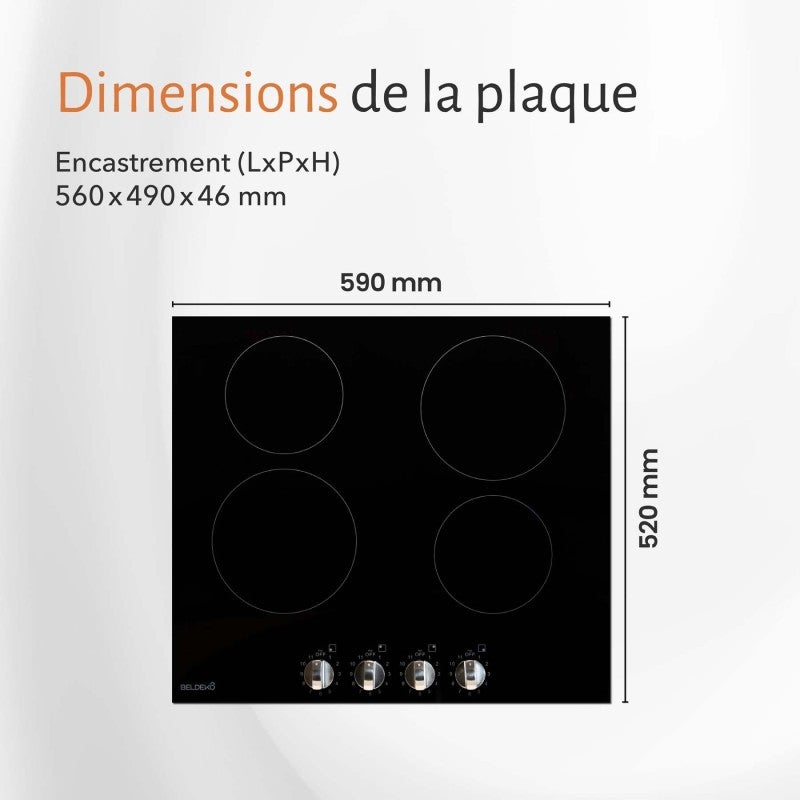 BELDEKO - Plaque de Cuisson Vitrocéramique 4 Foyers Encastrable avec Boutons de contrôle - 6000W - 7