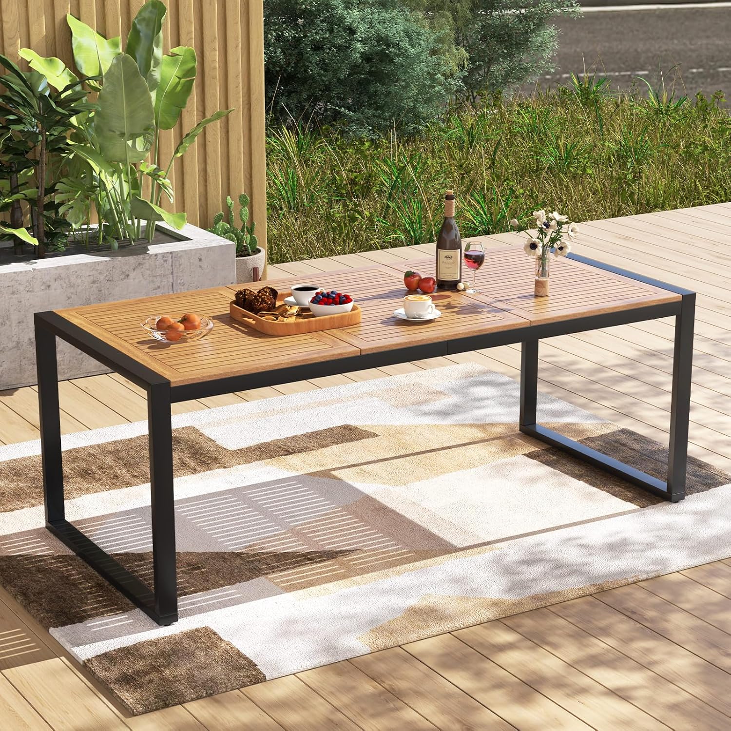 Stół Ogrodowy Prostokątny dla 8 Osób 200 x 90 cm, Stół Ogrodowy z Drewna Akacjowego z Otworem na Parasol, Nośność 80 kg
