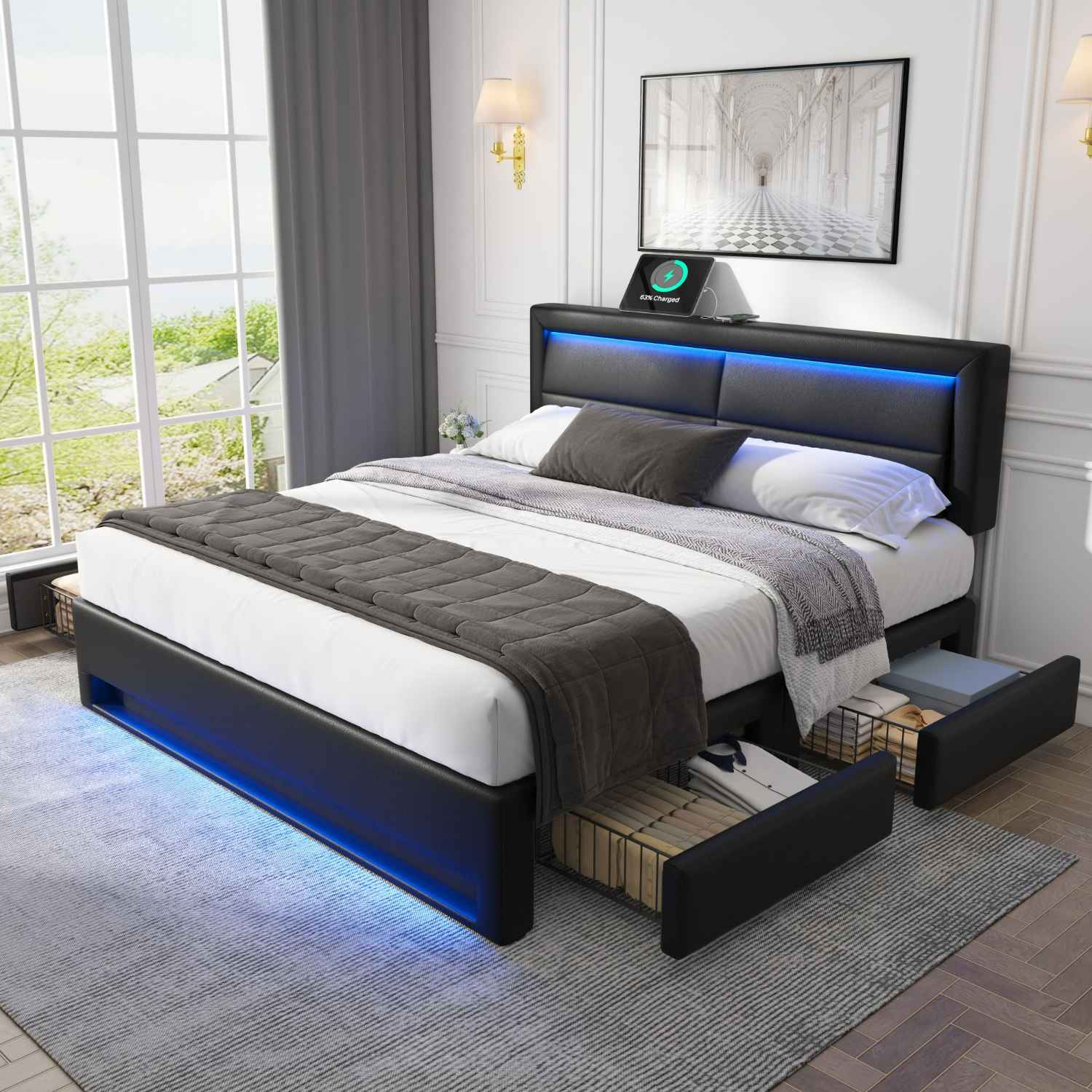 Wielofunkcyjne łóżko pikowane 140x190 cm z portami USB, oświetleniem LED, 4 szufladami – czarny efekt słojów PU