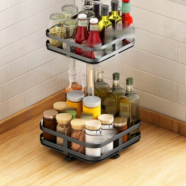 Stojak na przyprawy, wielofunkcyjna półka do przechowywania, półka kuchenna, 2 poziomy, obrót o 360°, regulowana wysokość, 39×24×24 cm - Czarny