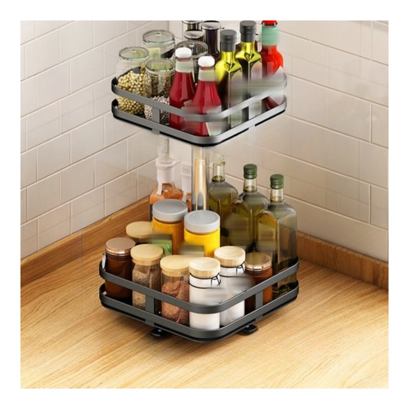 Stojak na przyprawy, wielofunkcyjna półka do przechowywania, półka kuchenna, 2 poziomy, obrót o 360°, regulowana wysokość, 39×24×24 cm - Czarny
