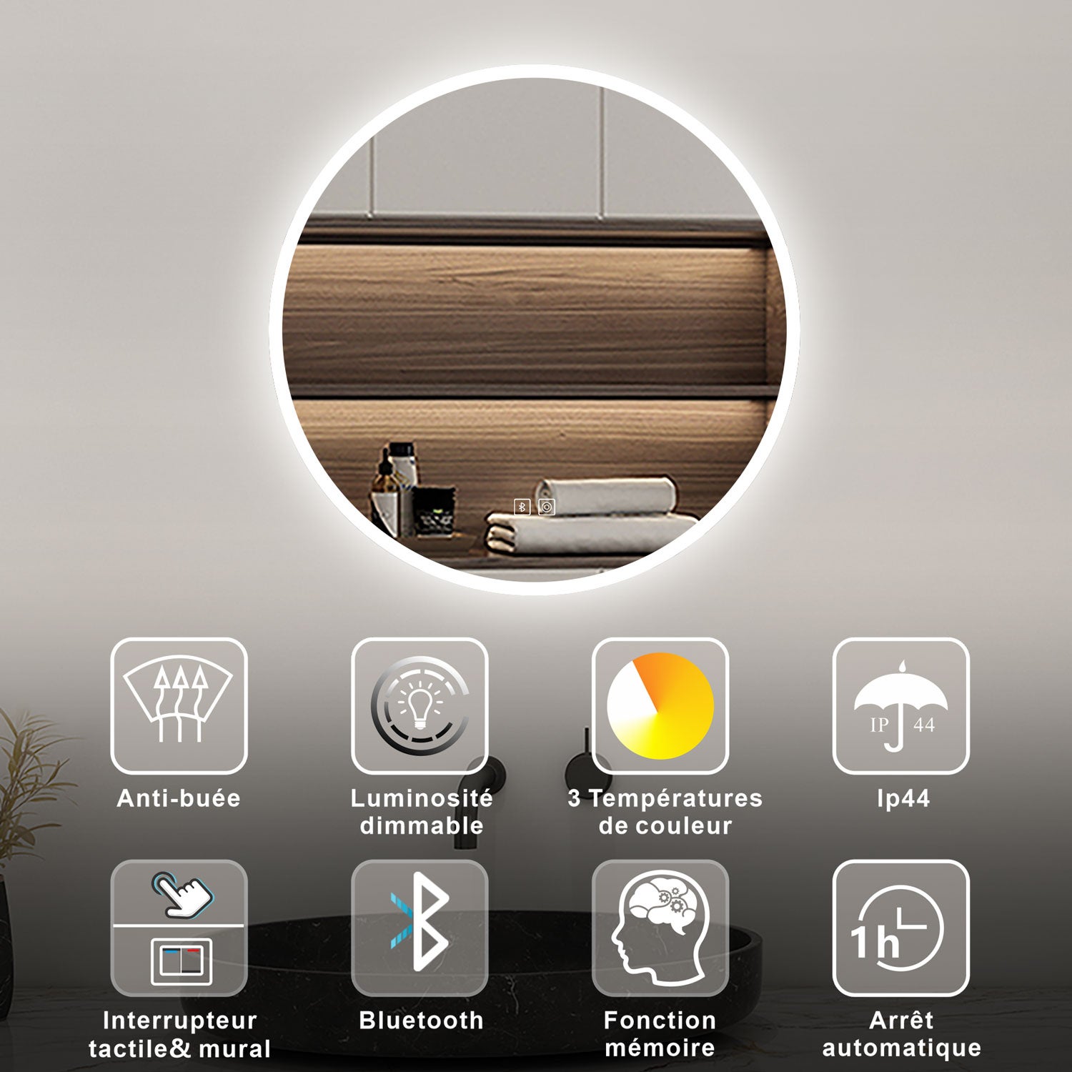 AICA Miroir lumineux rond 60cm, bluetooth + 3 couleurs + dimmable + anti-buée + mémoire, miroir salle de bain mural - 2