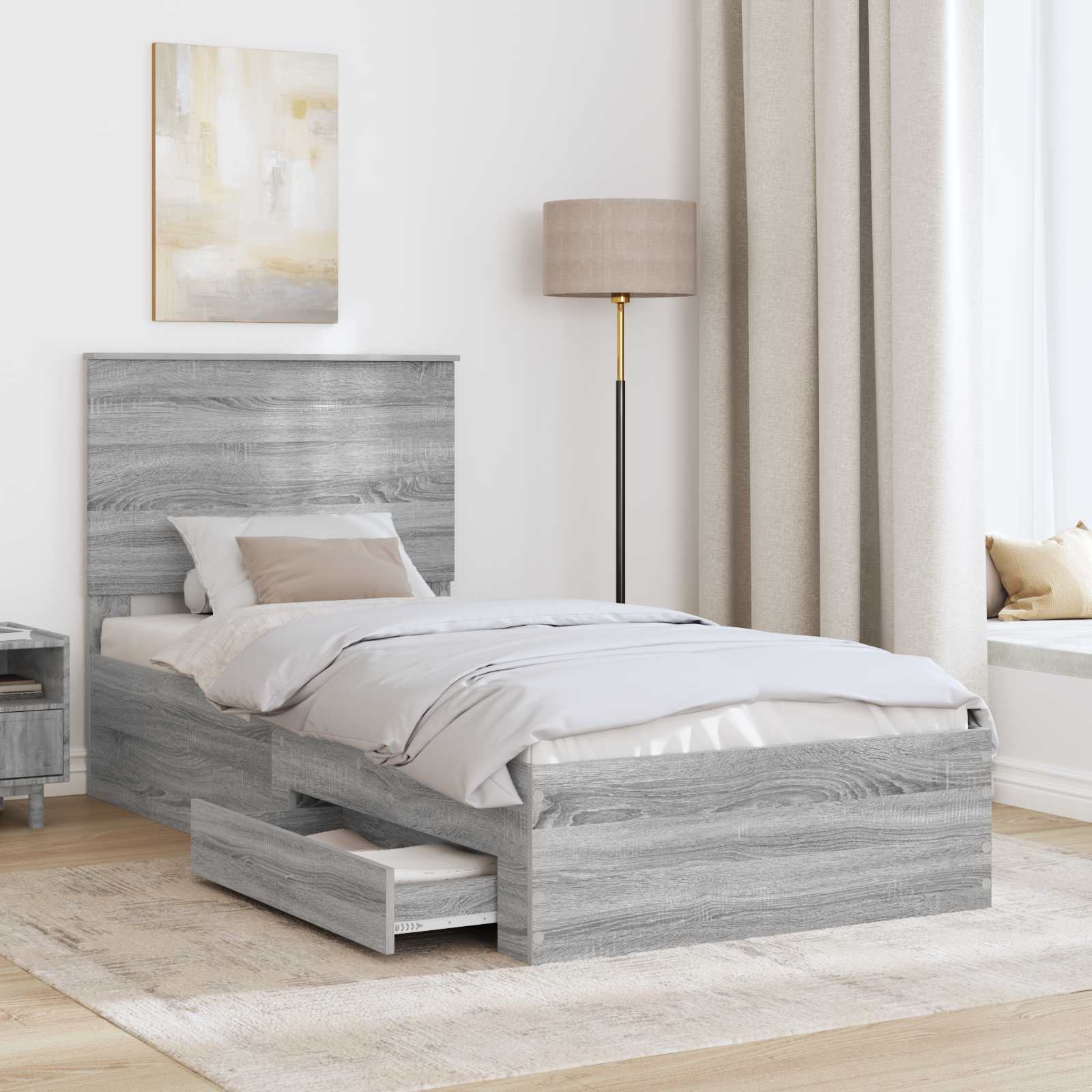 Cadre de lit gris en panneau de bois pour la chambre, 90 × 190 cm - 3