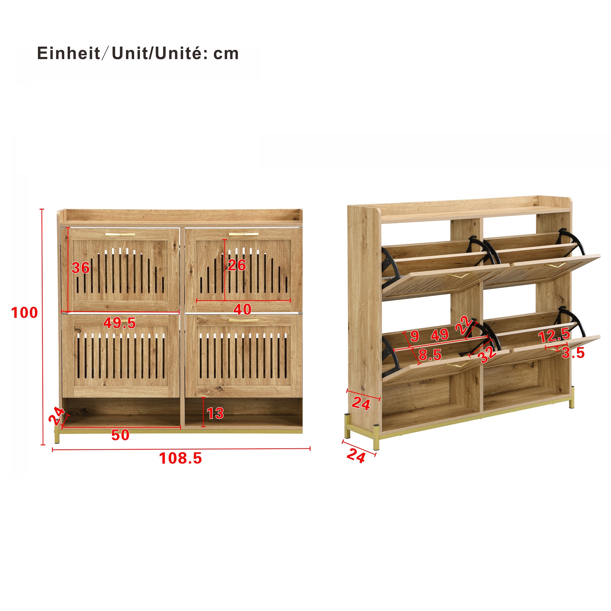 Szafa na buty 108.5x24x100 cm - 4 fronty - Konstrukcja metalowa - Górna półka - MDF - Kolor naturalny - 5