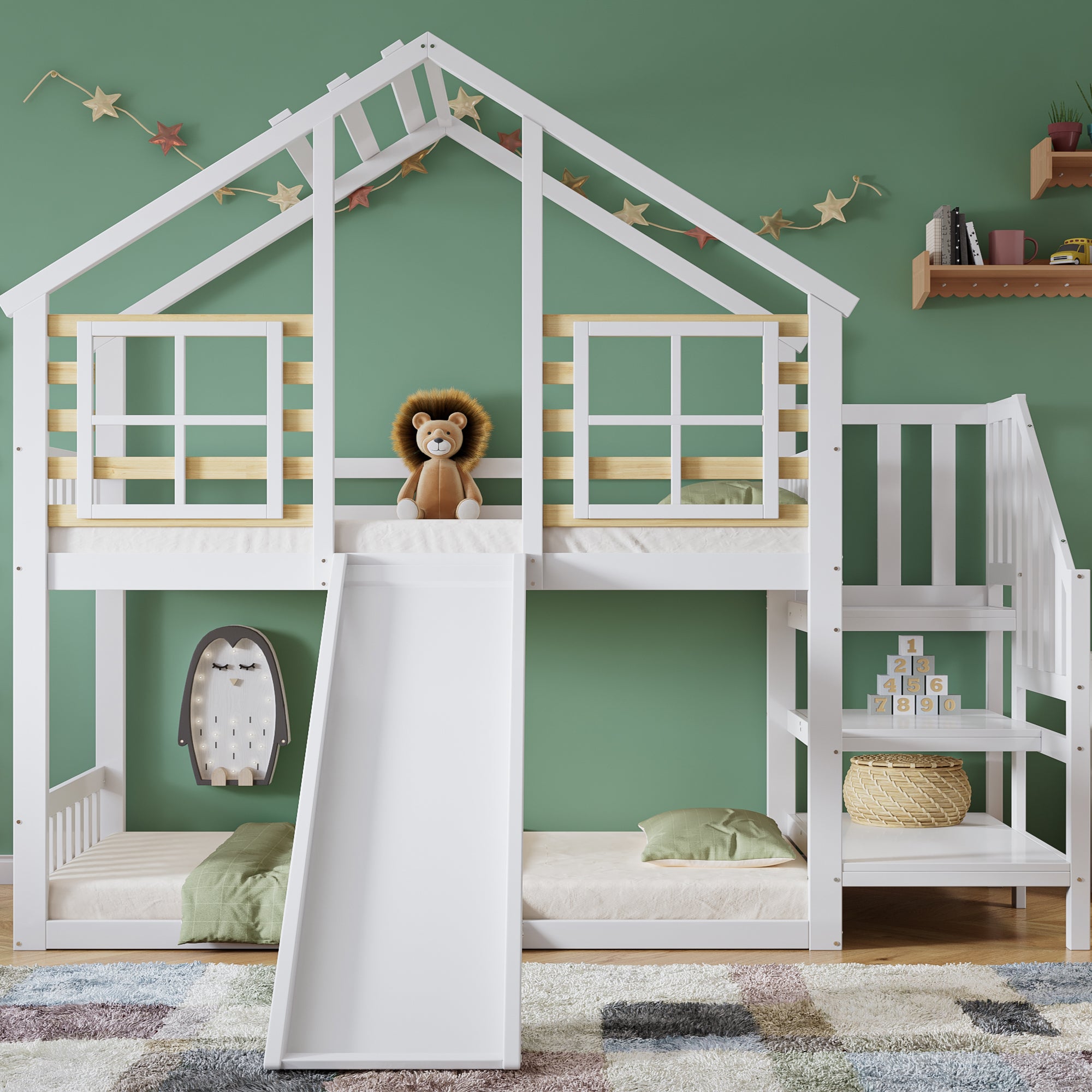 Lit superposé enfant 90x200 cm - Avec escalier, toboggan et fenêtre ...