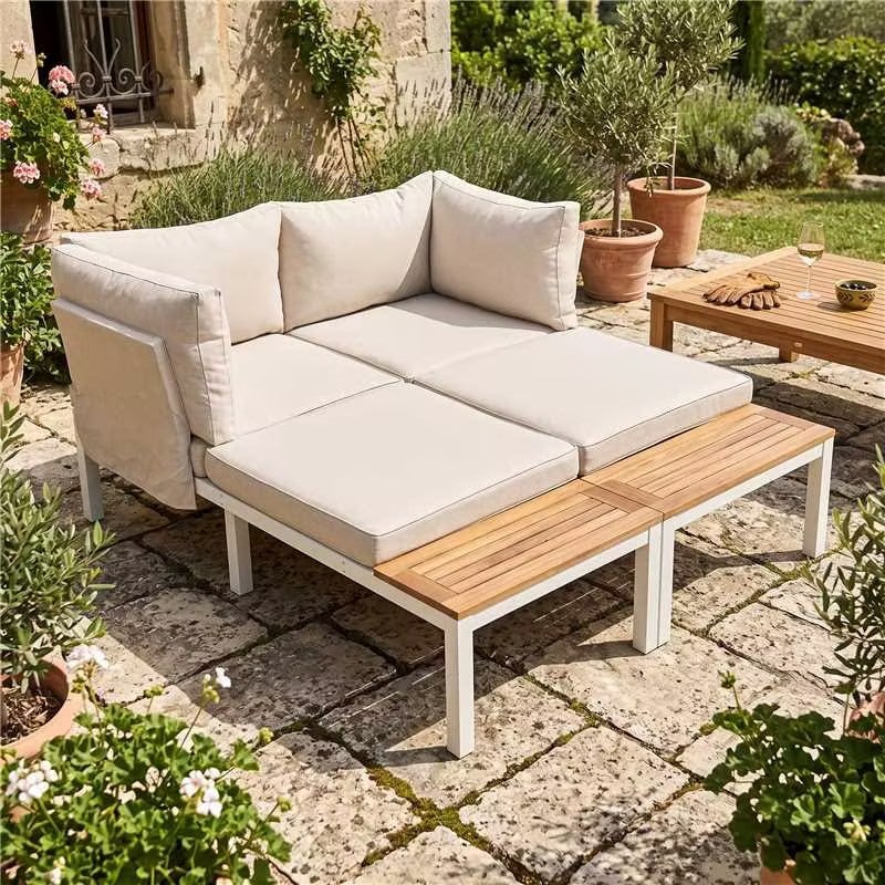 Muebles de jardín modulares en madera de acacia: 1 sofá de esquina + 2 mesas auxiliares + 1 mesa de centro - Beige + marrón - 2