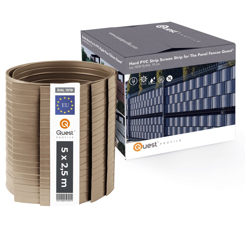 QUEST Taśma ogrodzeniowa PCV 19cm, listwa do ogrodzeń panelowych premium, 900 g/m2, RAL1019, beż, 5 x 2,525 m
