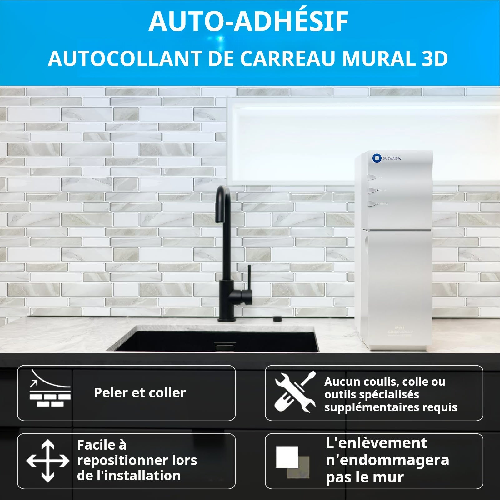 10 feuilles de carrelage autocollant pour crédence, 30 x 30 cm, à coller sur les murs, carrelage autocollant pour crédence de cuisine et salle de bain - 7