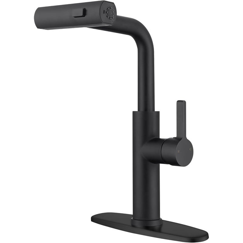 Bateria kuchenna z wyciąganą wylewką, bateria wodospadowa, stal nierdzewna, jednouchwytowa, 3 funkcje, czarna