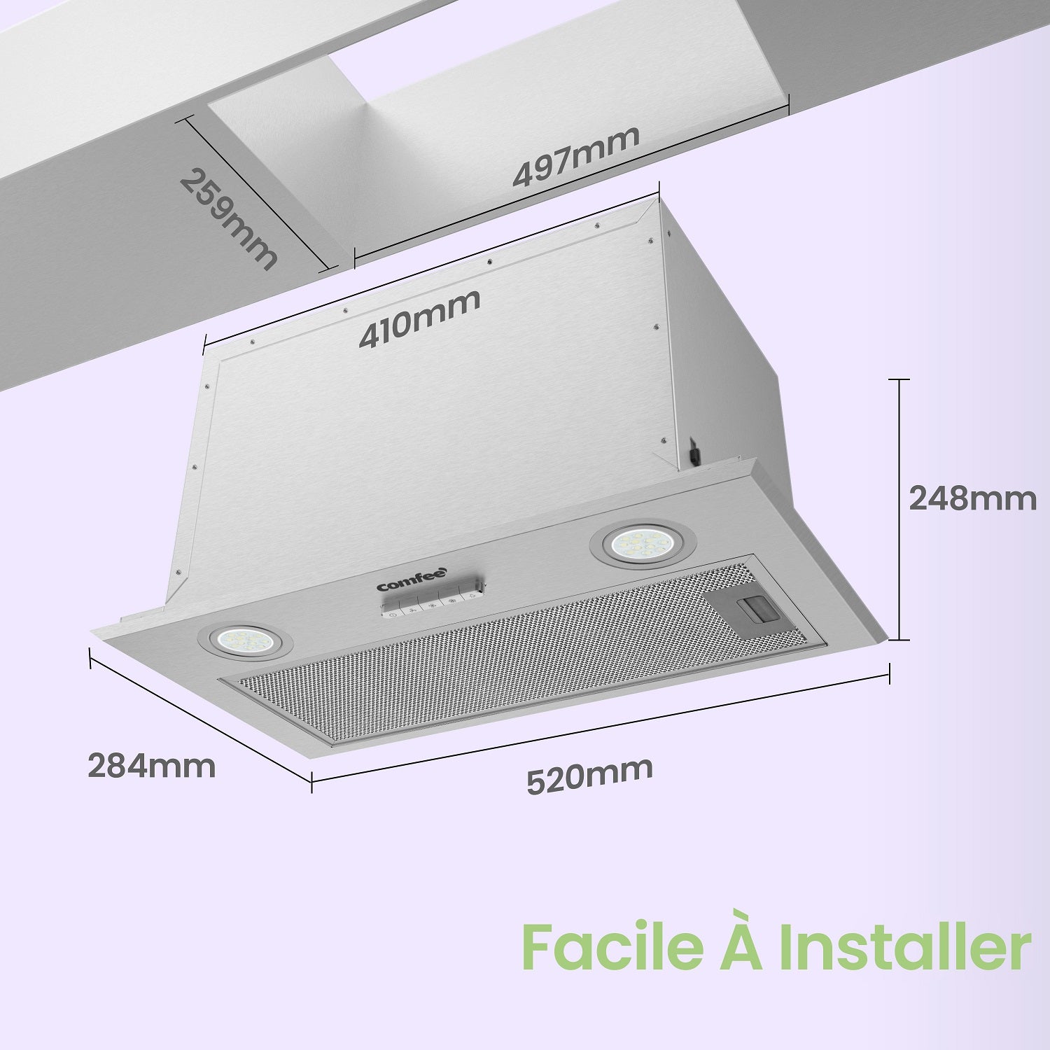 COMFEE Hotte de Cuisine Encastrable Visière 52cm - 440m³/h - 3 Vitesses -Recyclage Évacuation-2 LED Lampes - 7