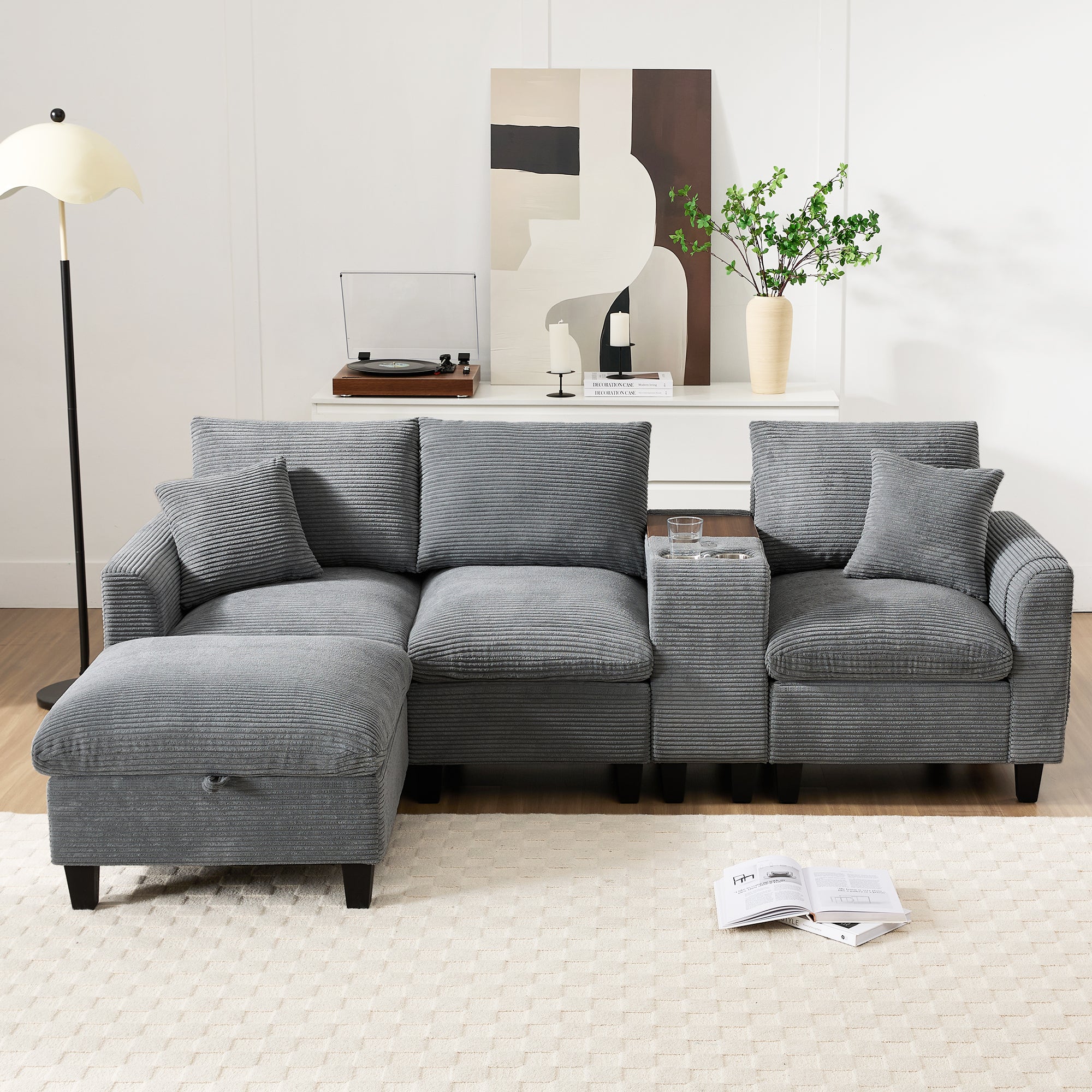 Canapé moderne - avec console - 2 porte-gobelets - port de chargement USB - poches de rangement sur les accoudoirs - avec coussins - gris - 2
