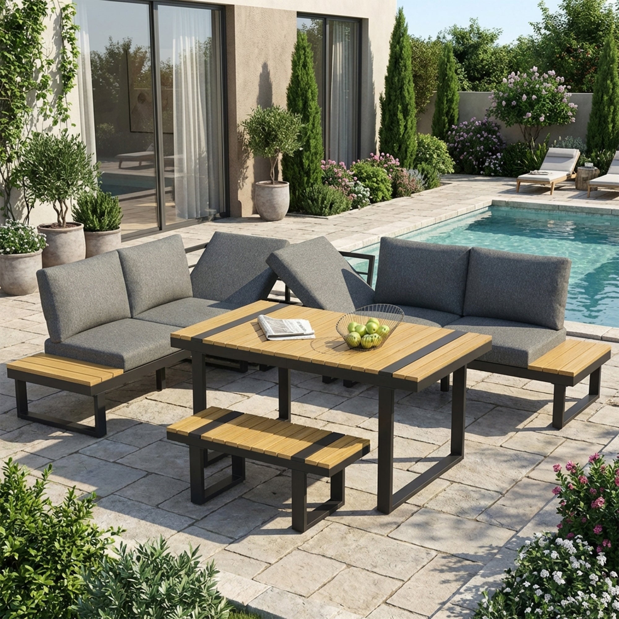 Salon de jardin d'angle 6 places en acier galvanisé : canapé d'angle + banc 2 places + table à manger + coussins polyester - Noir et Gris - 2