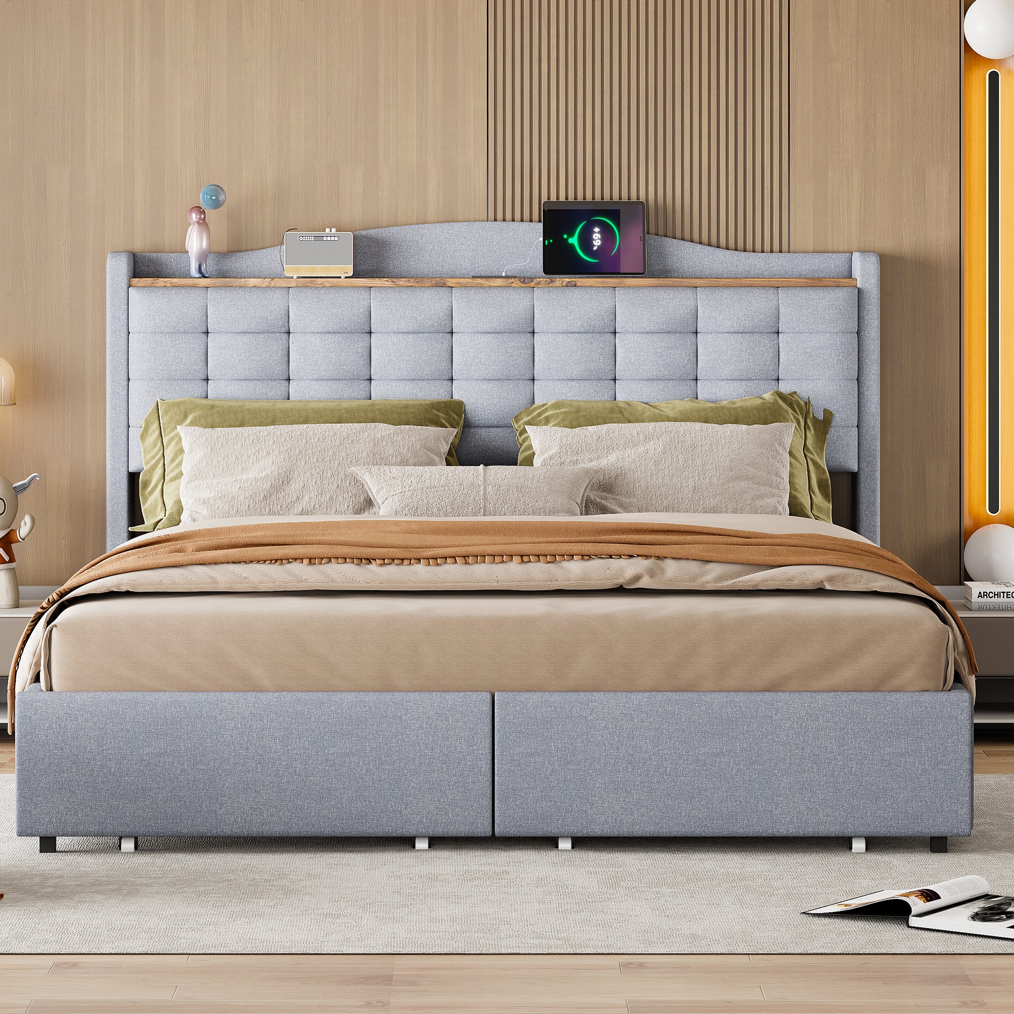 Lit double capitonné 160x200 cm - avec prise USB et 4 tiroirs - tissu en lin - Gris