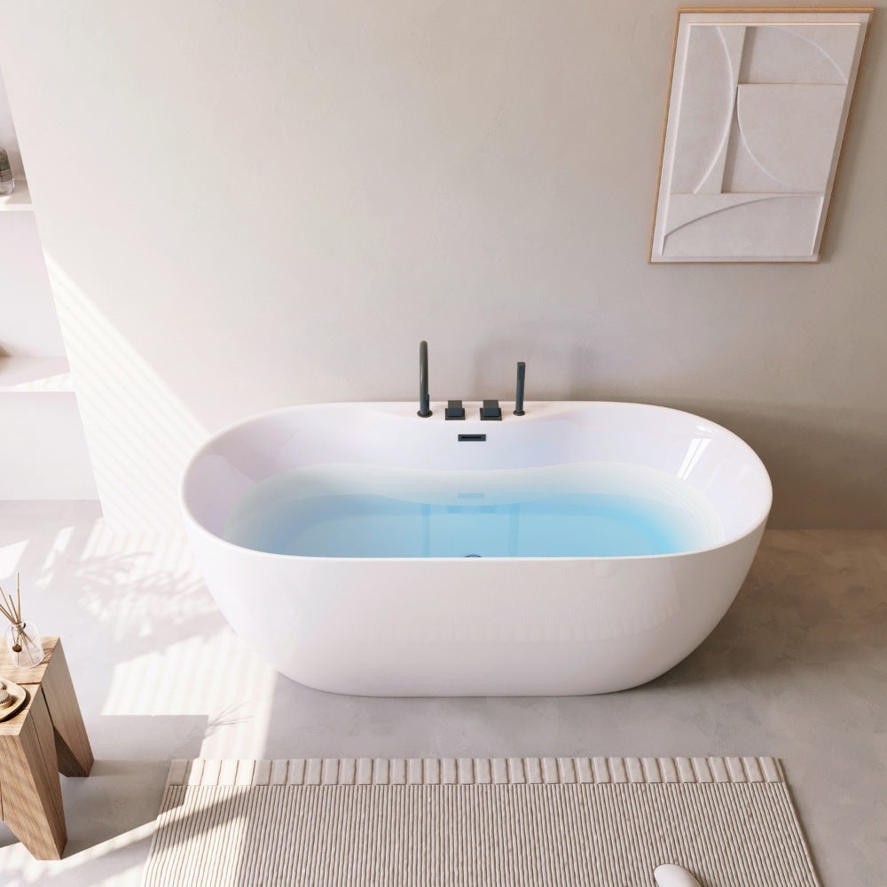 HOME DELUXE - Baignoire îlot - LENI - Blanc, avec robinetterie noire - Dimensions : env. 170 x 80 x 58 cm - Capacité : 235 litres, avec trop-plein, - 2