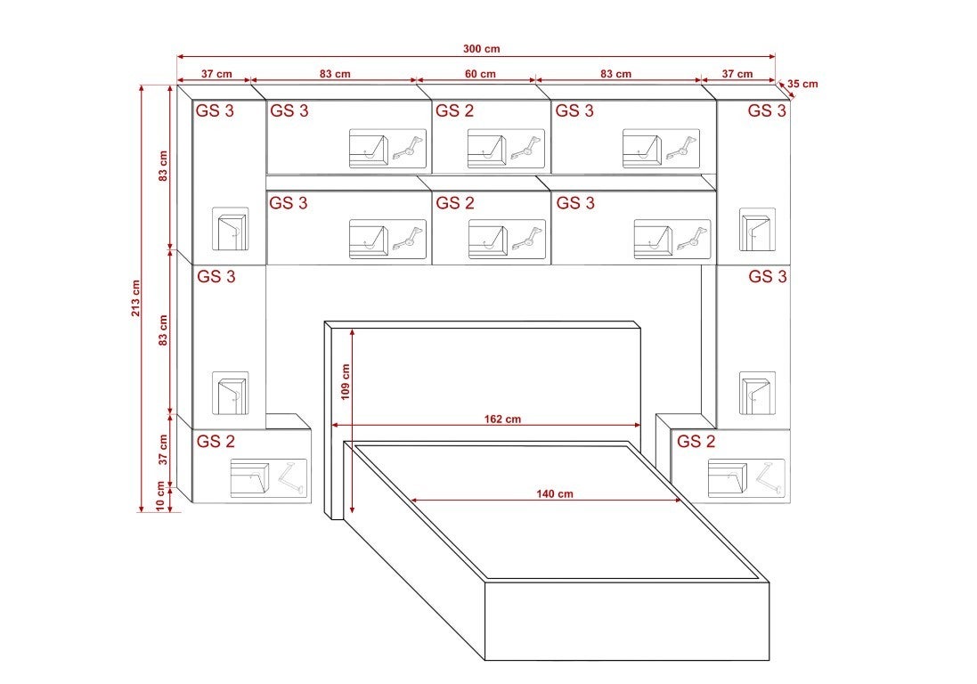 Tête de lit avec rangement Armoire - pont de lit PANAMA 7/M/S/5-1C chêne sonoma 300x213x35cm - 2