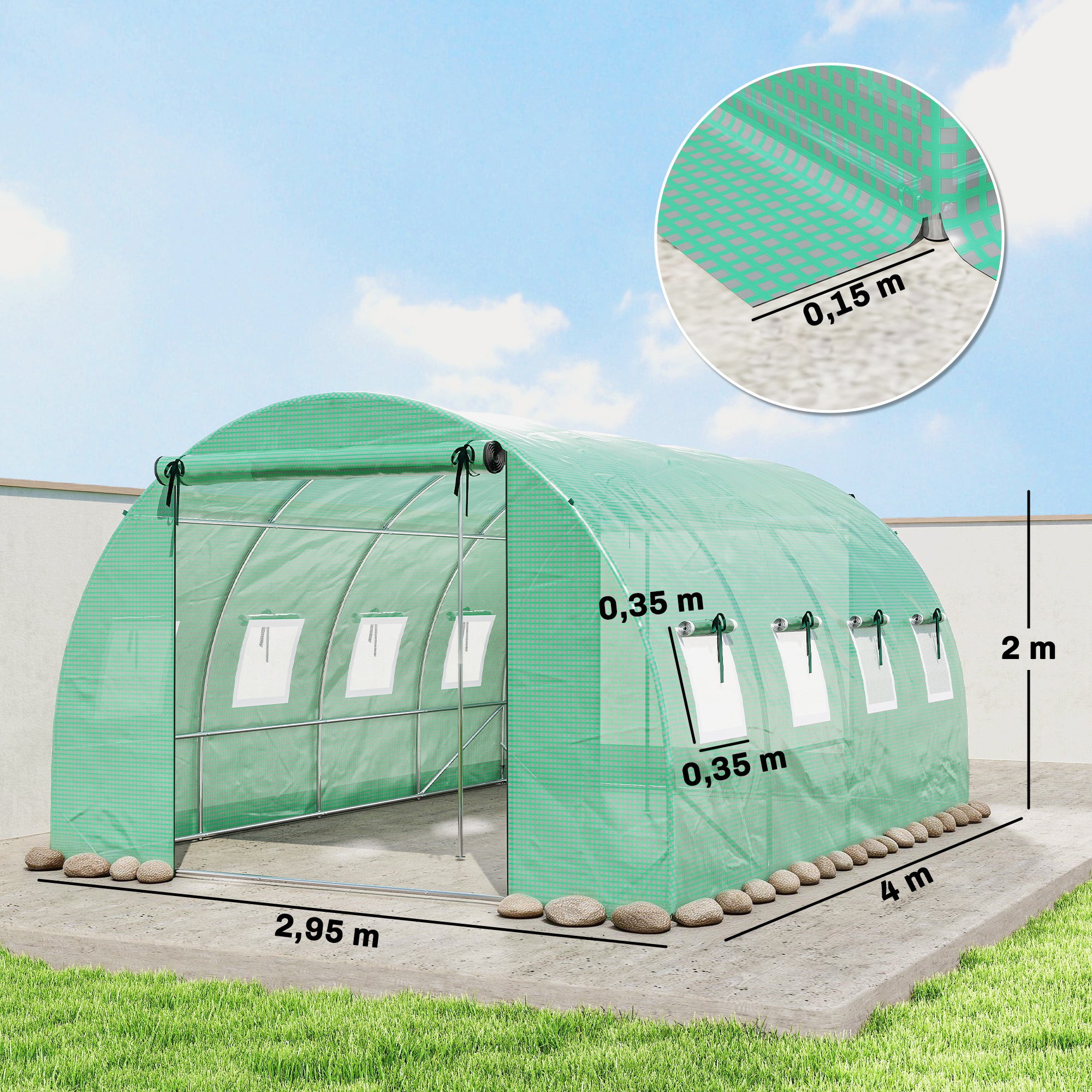 Serre tunnel verte (environ 4 x 3 x 2 m) avec côtés enroulables, 2 portes à fermeture éclair et 8 fenêtres en filet + barres de support - 5