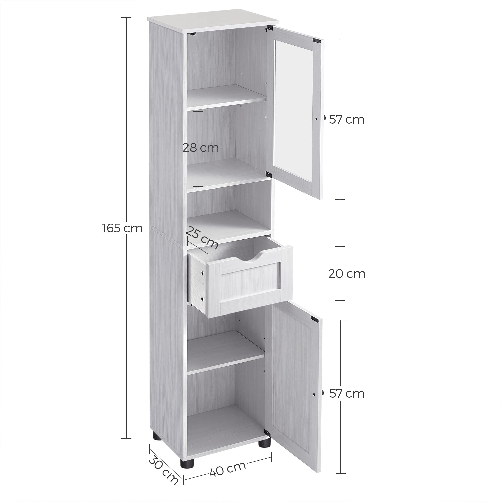 Armoire De Salle De Bain à Porte, Tiroir, Compartiment, 40 x 30 x 165 cm, Blanc érable - 9