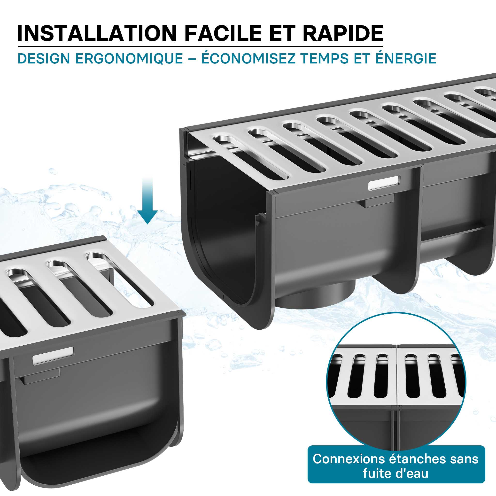 Caniveau – 1000 x 140 x 115 mm – Capacité de charge 1,5 t – avec Grille de recouvrement galvanisée – Drainage Eaux usées Rigole Évacuation… Wiltec - 3