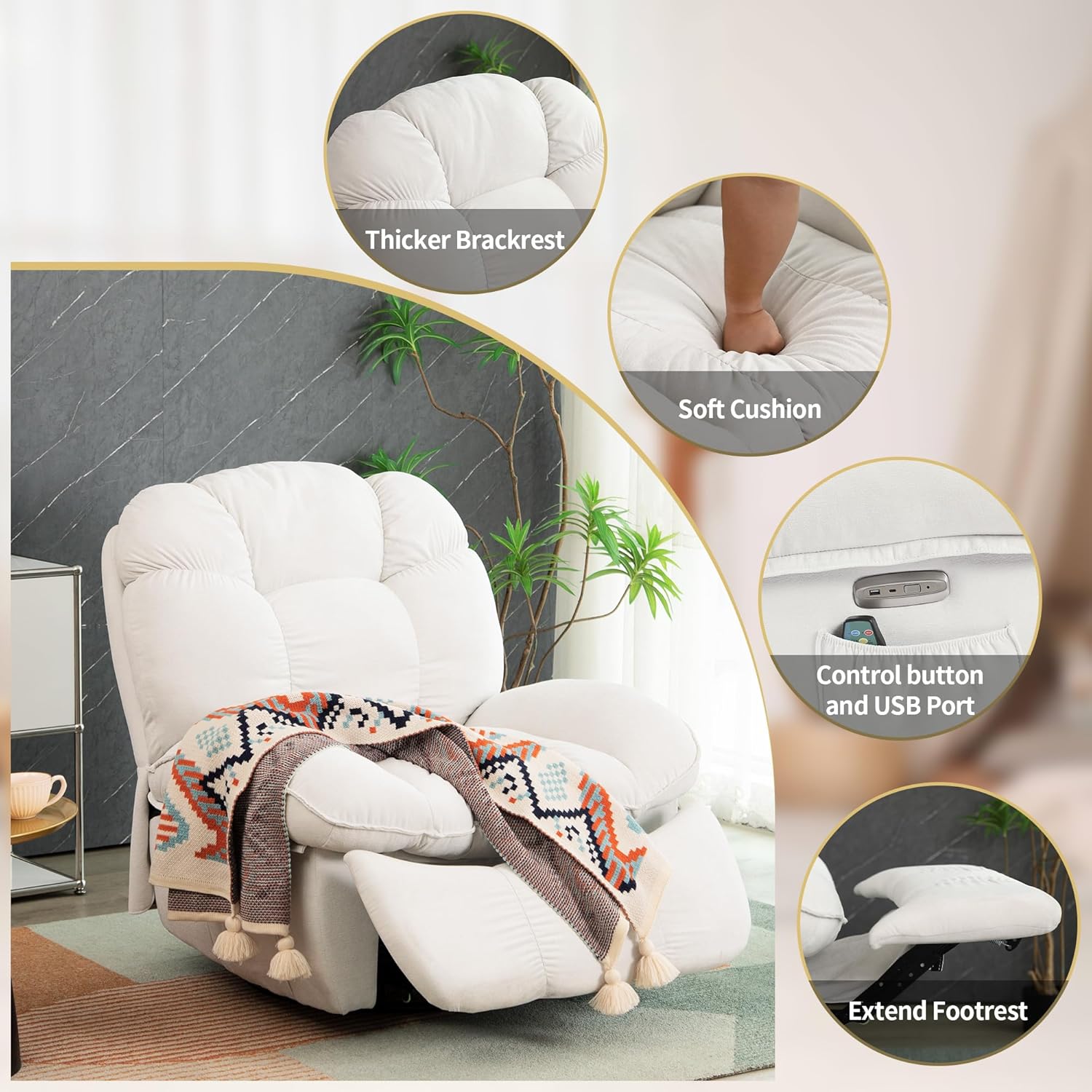 Fauteuil à bascule pivotant électrique avec fonctions de massage et de chauffage, fauteuil inclinable électrique pour adultes, blanc. - 4