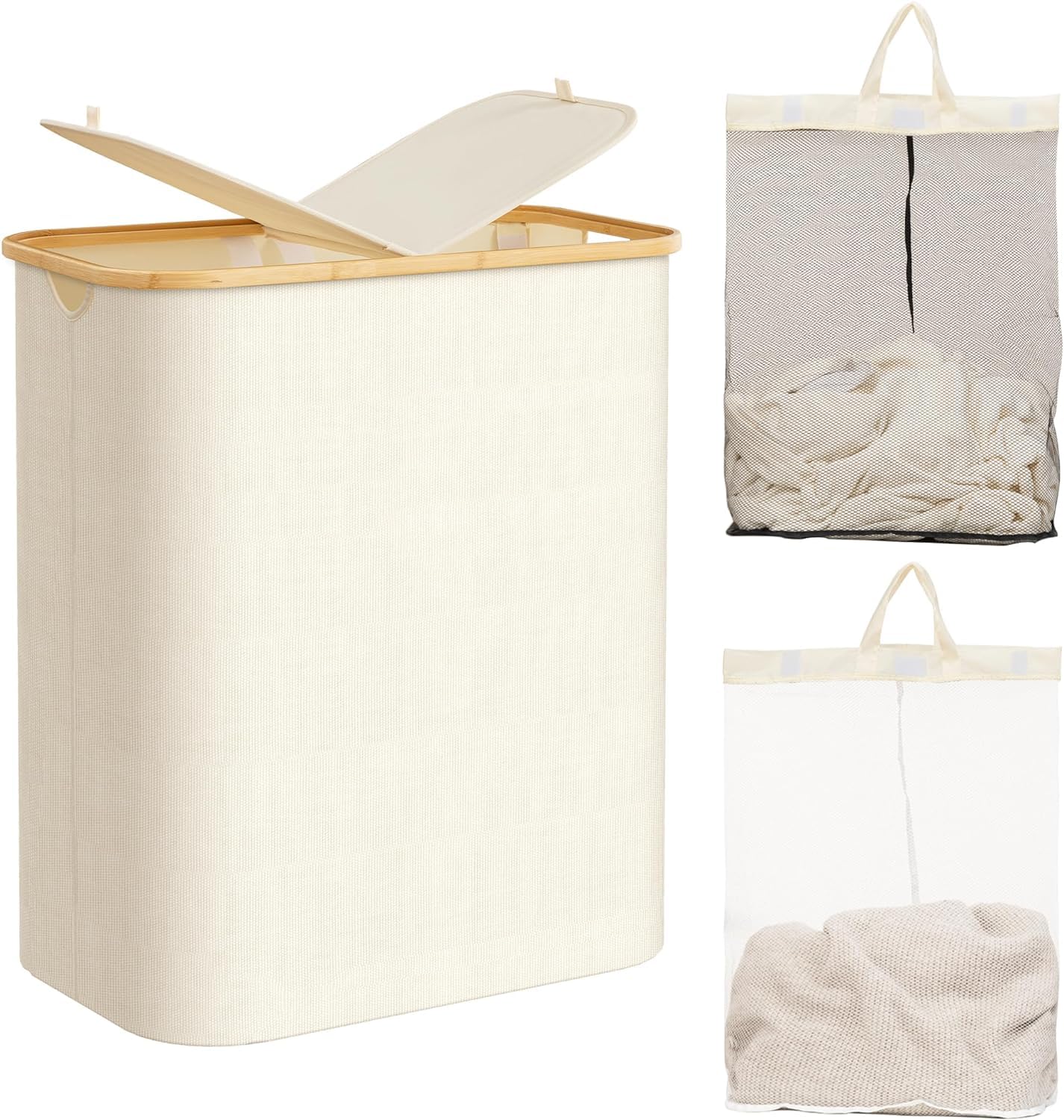 Cesto de ropa sucia doble de 147 l con tapa y forro extraíble, plegable, con asa de bambú y forro extraíble, color beige.