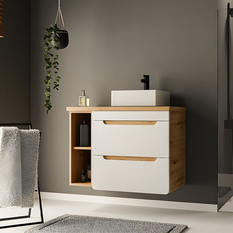 Wisząca szafka łazienkowa z pojedynczą umywalką i wnękami – kolor naturalny i biały – 80 cm - ARUBA