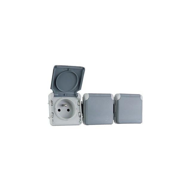 Prise de courant triple précâblée horizontale 16A 3x2P+T Plexo IP55 - Composable saillie ou encastré - Gris