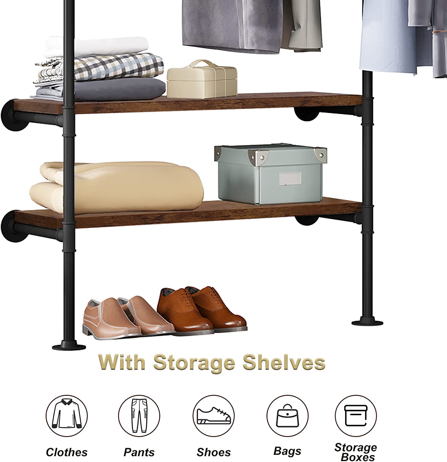WOLTU Portant à Vêtements Mural, Porte-Manteau en Tubes d'Acier et 2 Étagères, Style Industriel, Noir+Chêne Foncé - 5