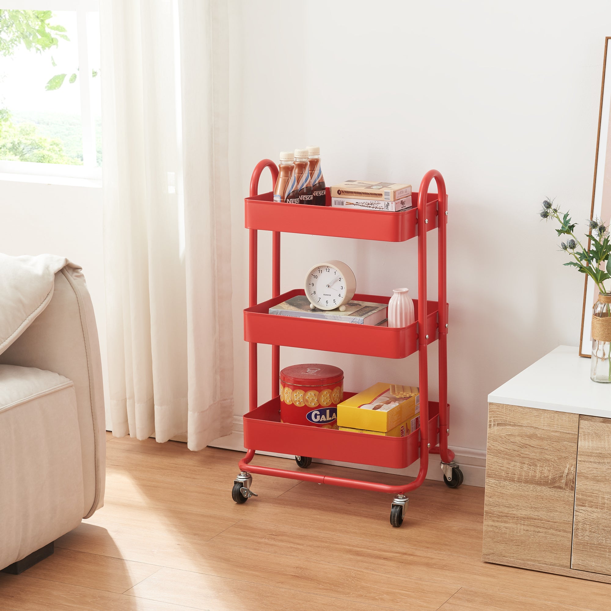 Chariot de service Pyhäntä à 3 paniers acier 79 x 46 x 35 cm rouge [en ...