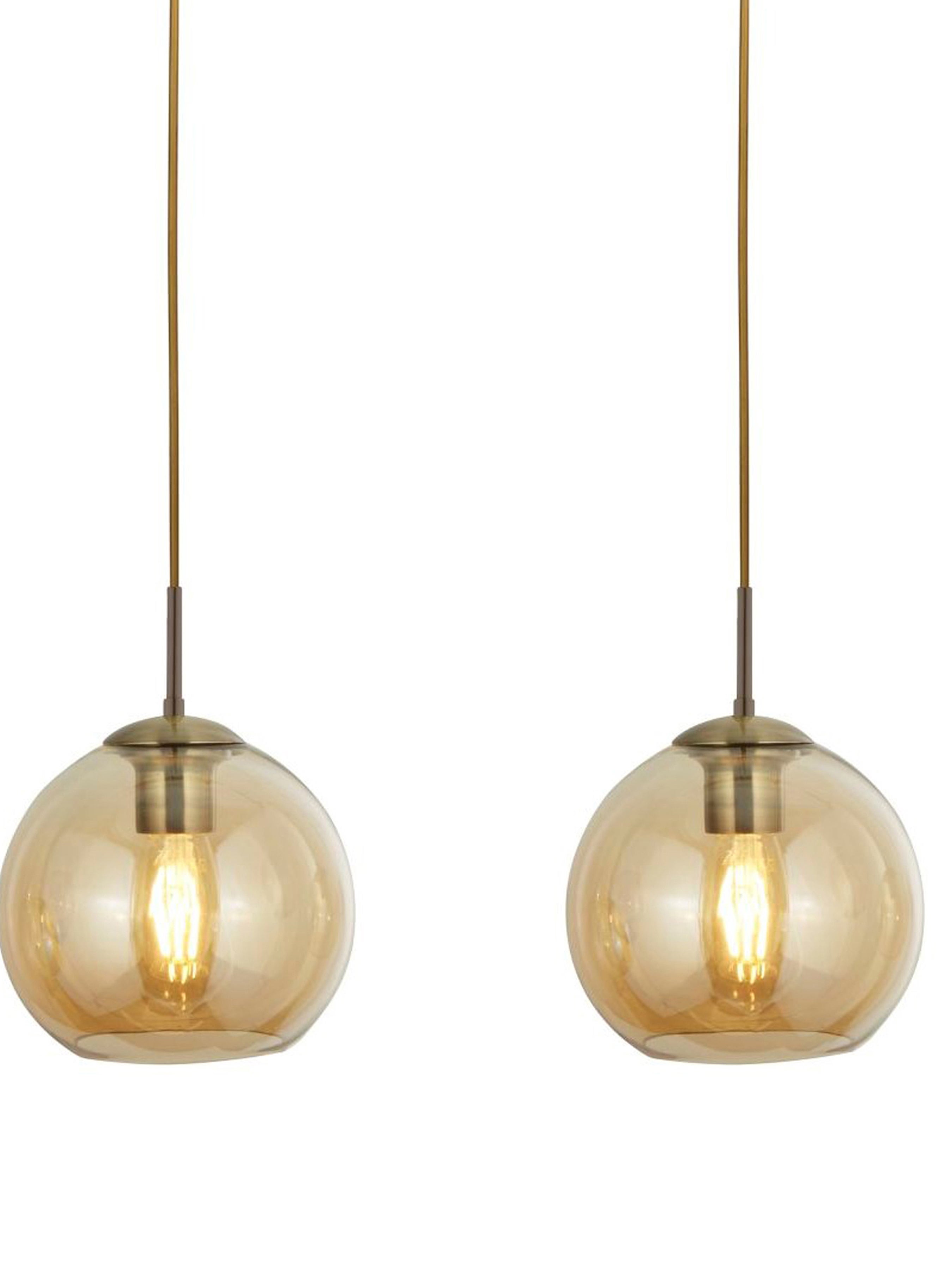 Suspension BALLS 3L Barre, métal Laiton antique avec verre ambré E27 3x60w Haut 150cm Lg 86cm - 3
