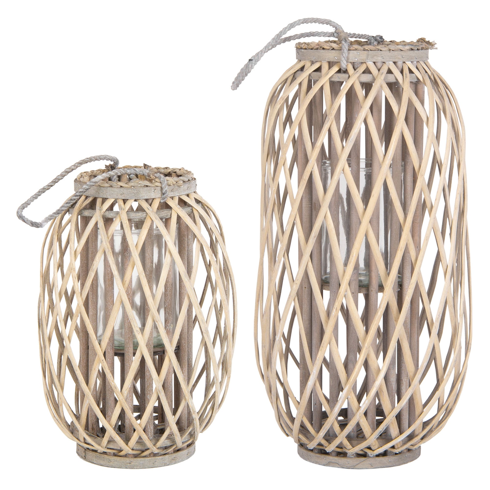 ECD Germany zestaw 2 lampionów Ried 40x26cm 50x28cm drewniane ręcznie wyplatane retro naturalny szary brazowy z wkładem szklanym do ogrodu
