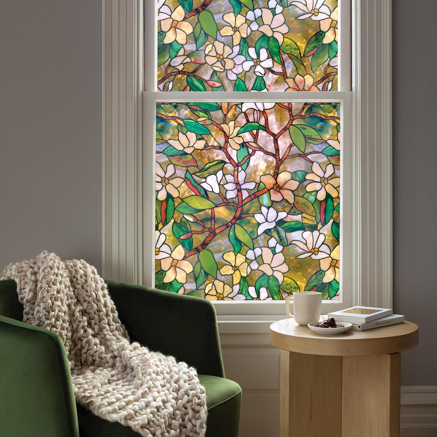 Folia okienna Magnolia 60 x 100 cm - Dekoracyjna folia okienna - Nieprzezroczysta, samoprzylepna - Folia dekoracyjna anty-UV - Przylegająca statyczni