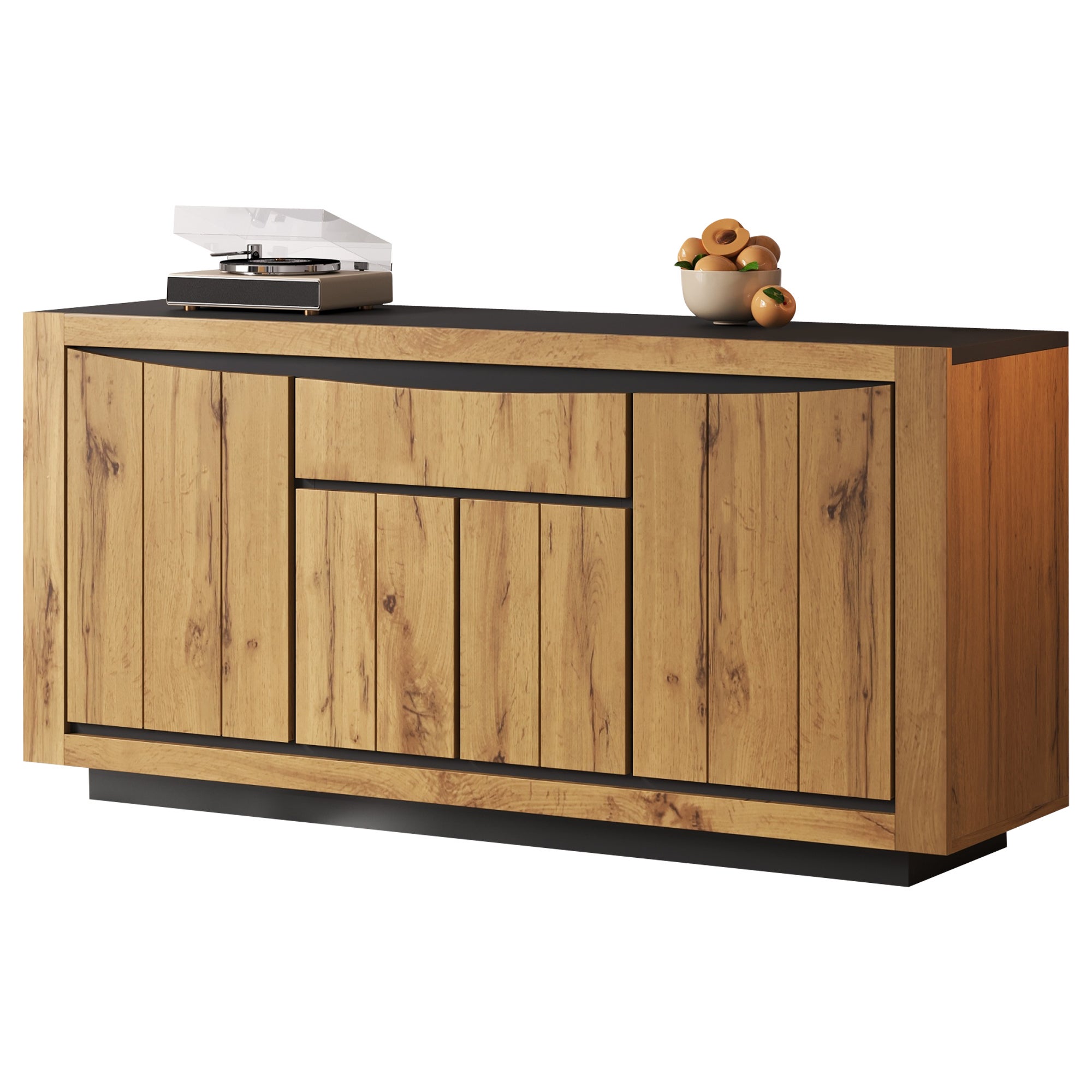 Buffet 140x38,5x52 cm - 4 portes et 1 tiroir - Commode 5 tiroirs - Finition bois - MDF - Naturel + Noir - 6